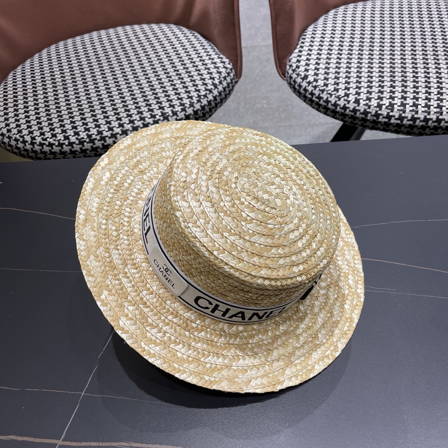 Chanel香奈儿麦秆草平顶礼帽，头围57cm