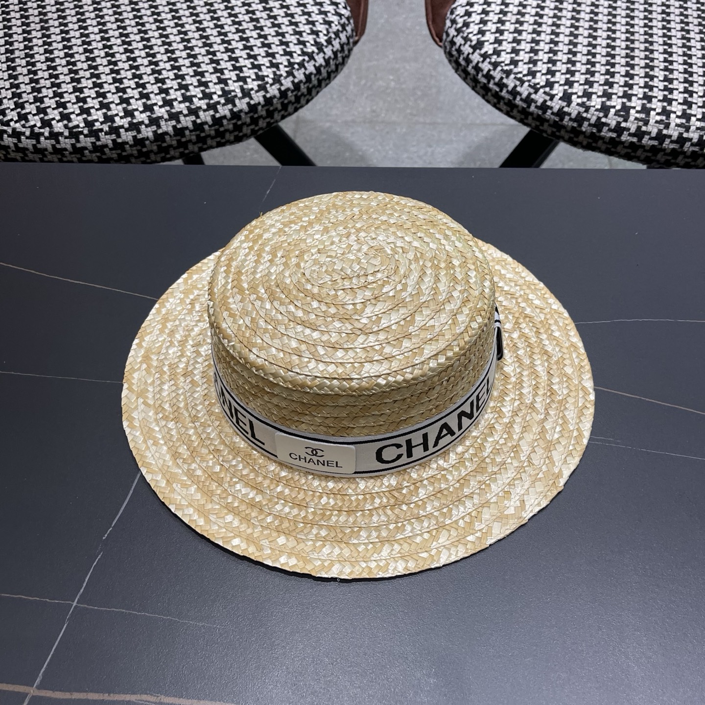 Chanel香奈儿麦秆草平顶礼帽，头围57cm