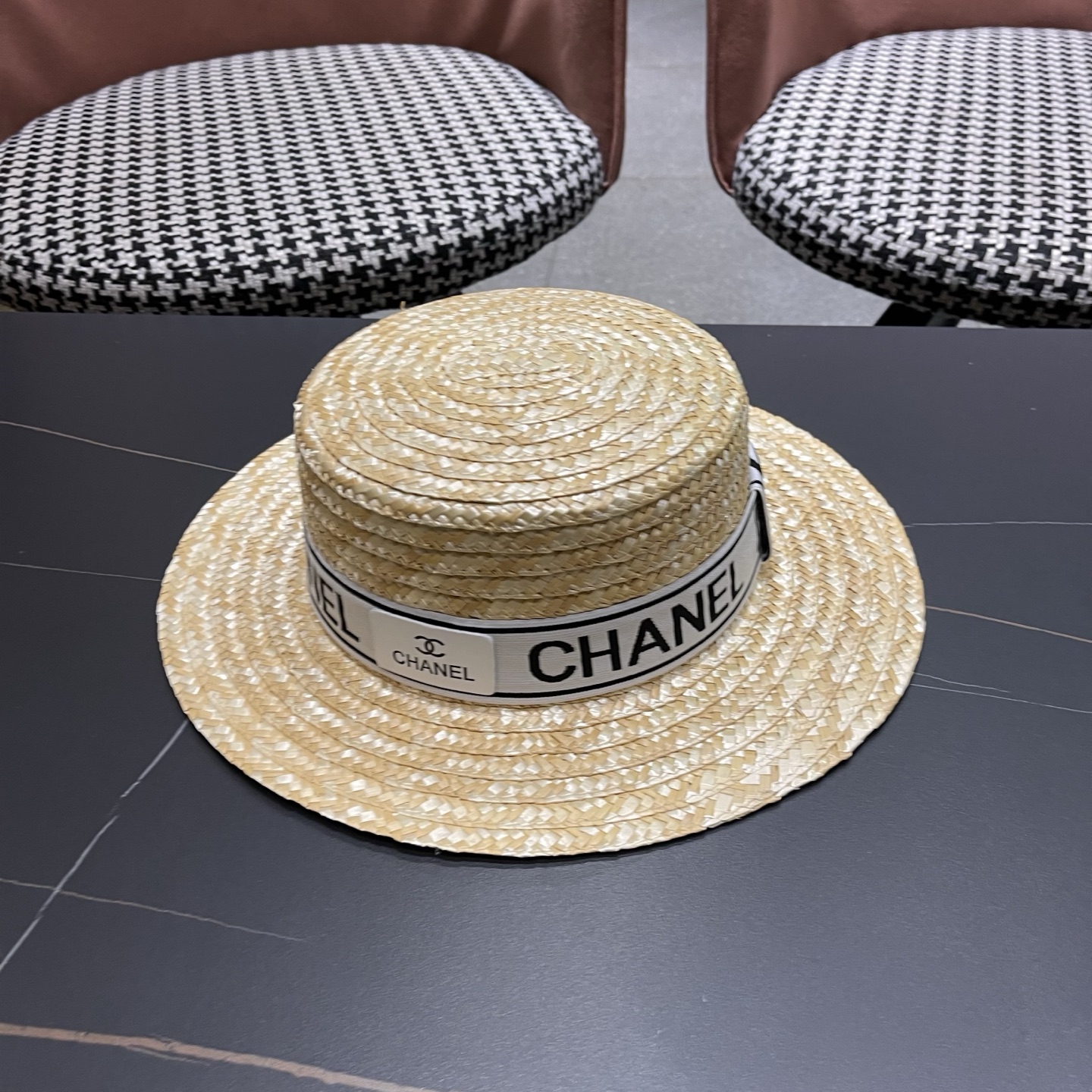 Chanel香奈儿麦秆草平顶礼帽，头围57cm