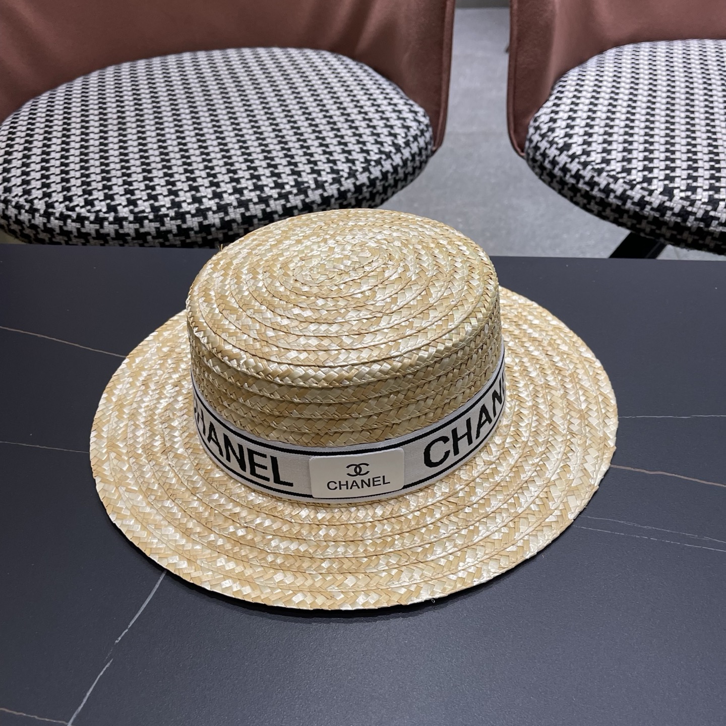 Chanel香奈儿麦秆草平顶礼帽，头围57cm