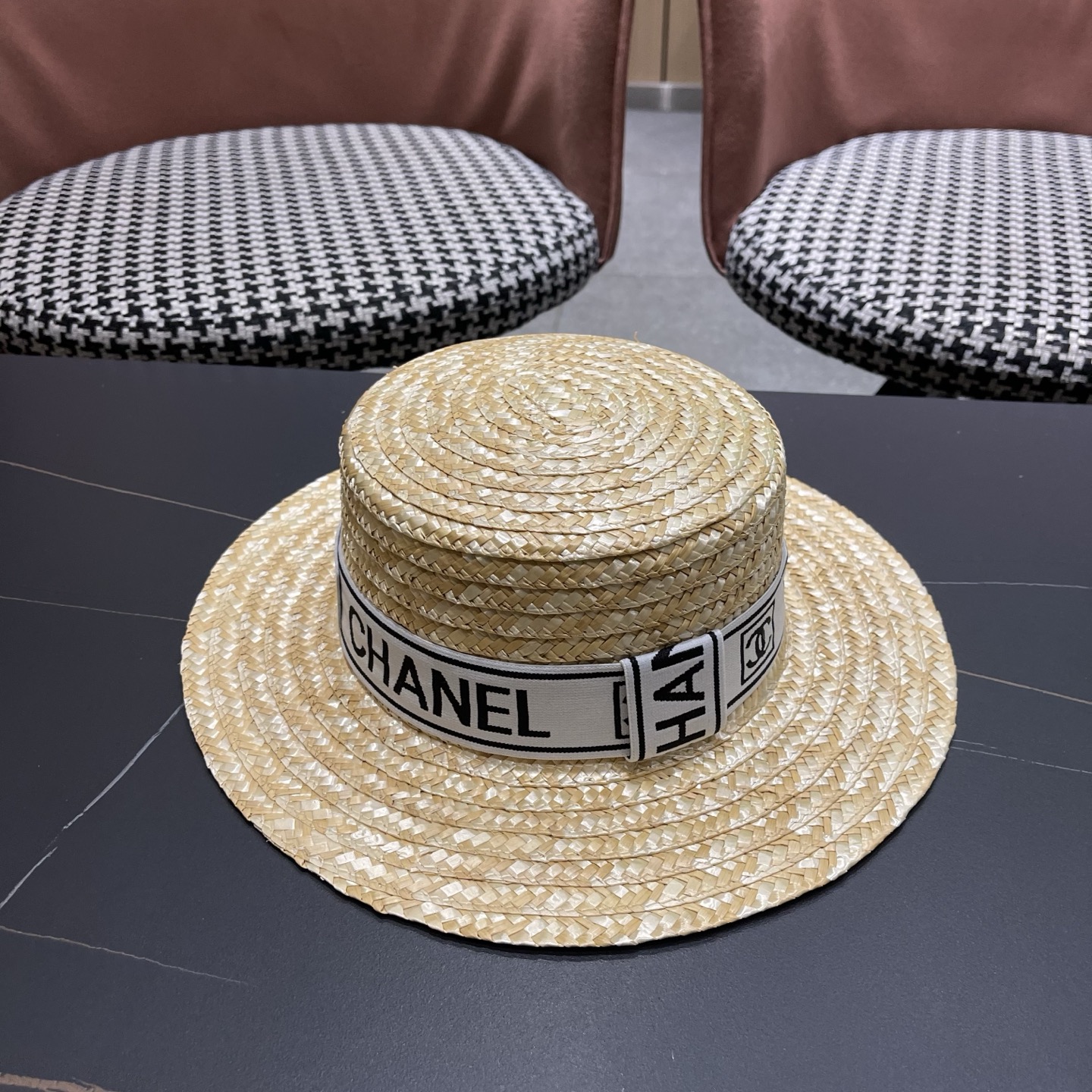 Chanel香奈儿麦秆草平顶礼帽，头围57cm