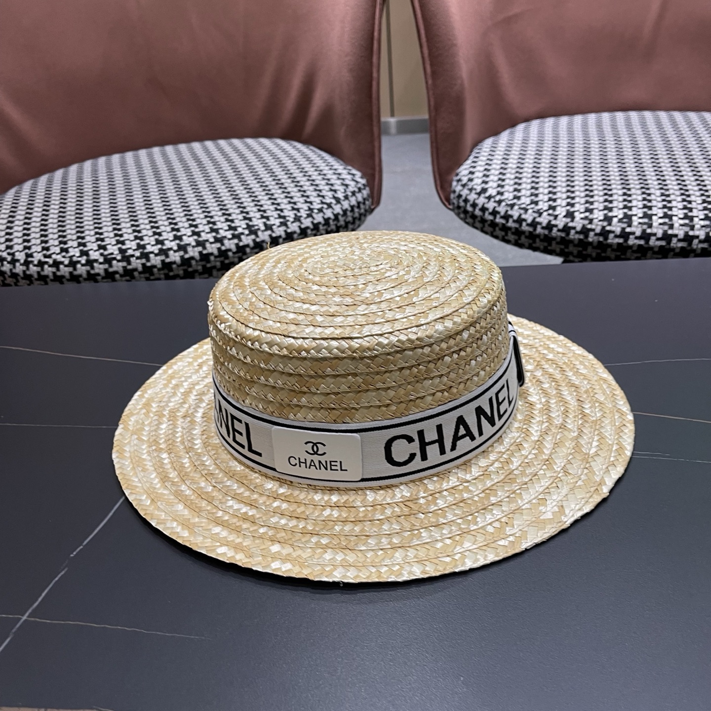 Chanel香奈儿麦秆草平顶礼帽，头围57cm