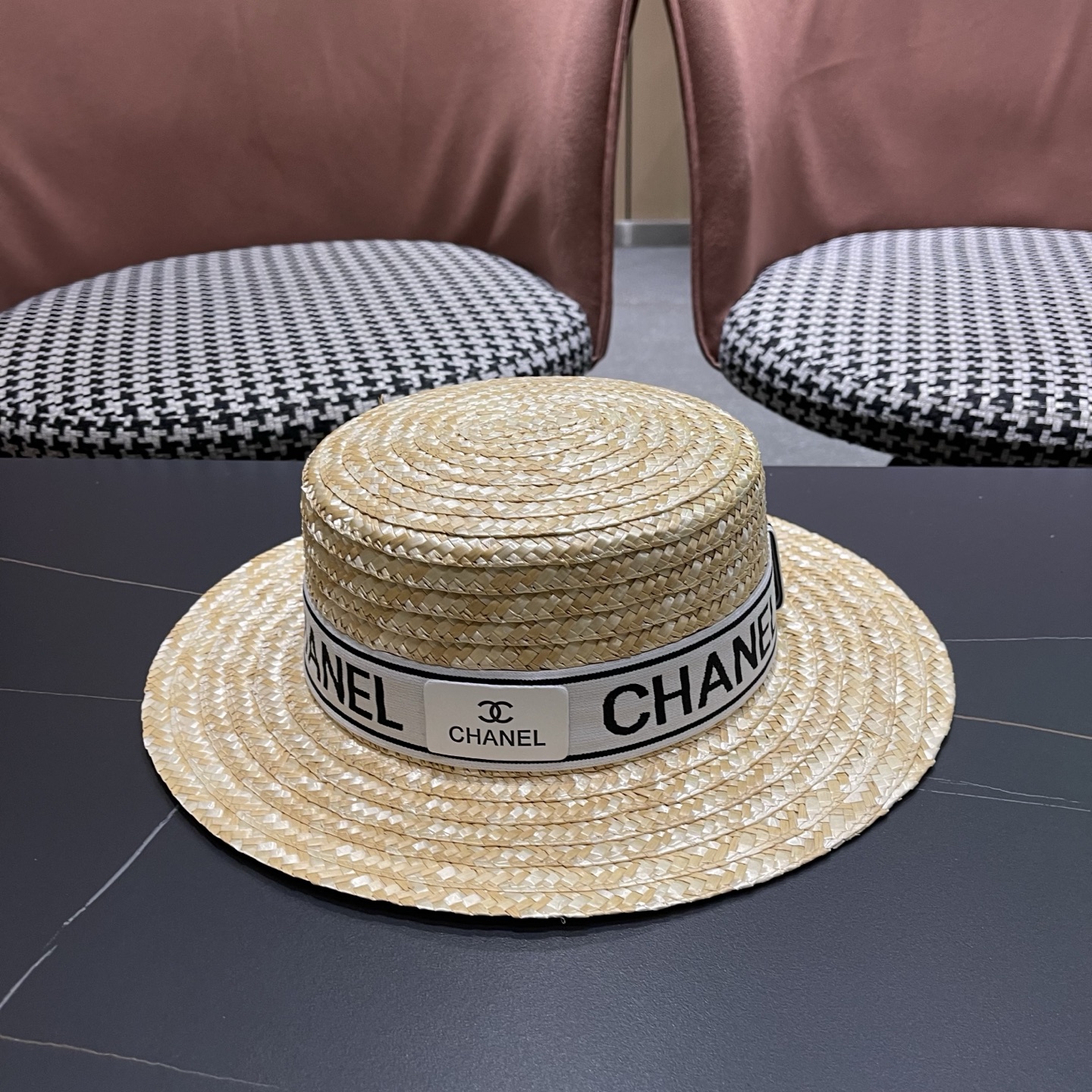 Chanel香奈儿麦秆草平顶礼帽，头围57cm