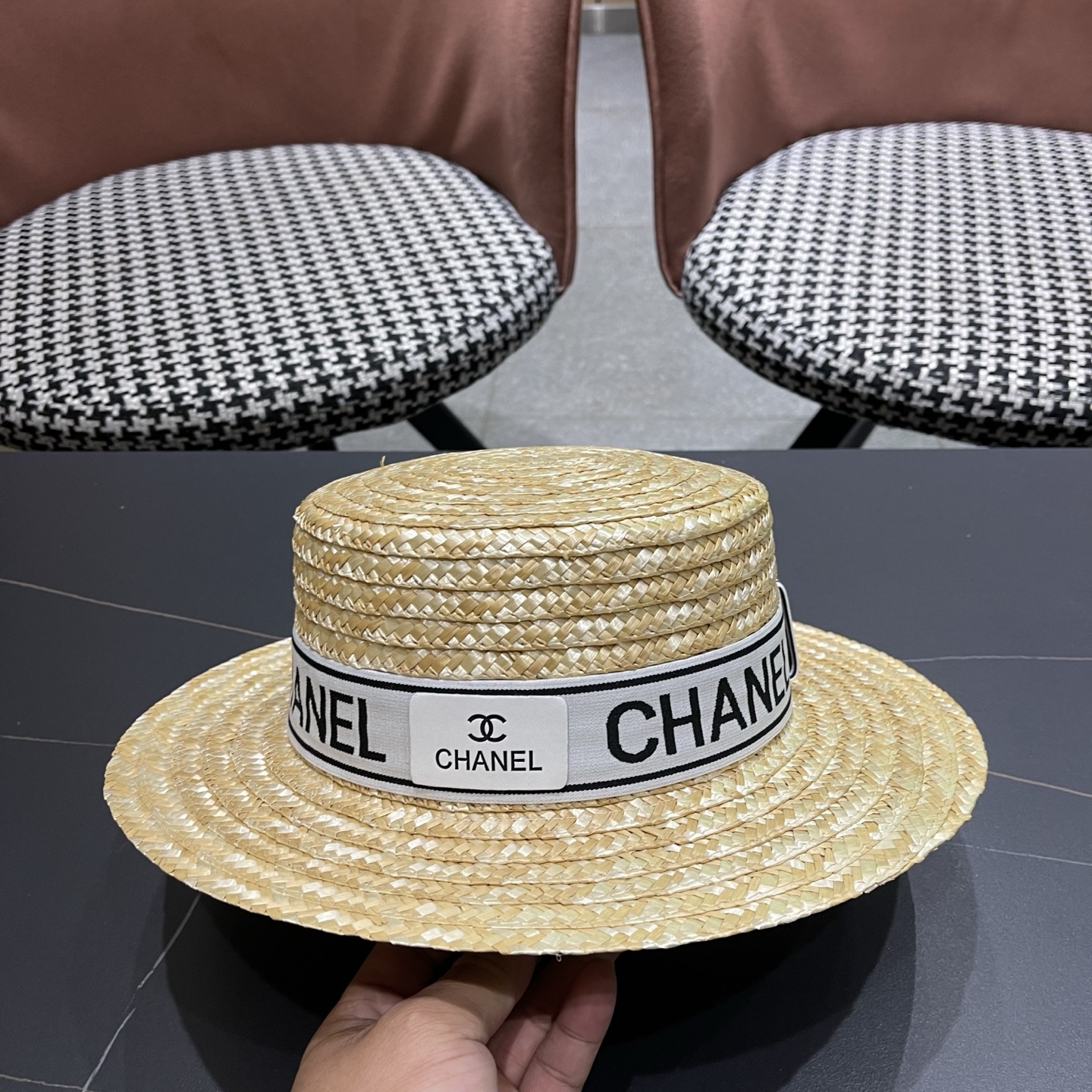 Chanel香奈儿麦秆草平顶礼帽，头围57cm