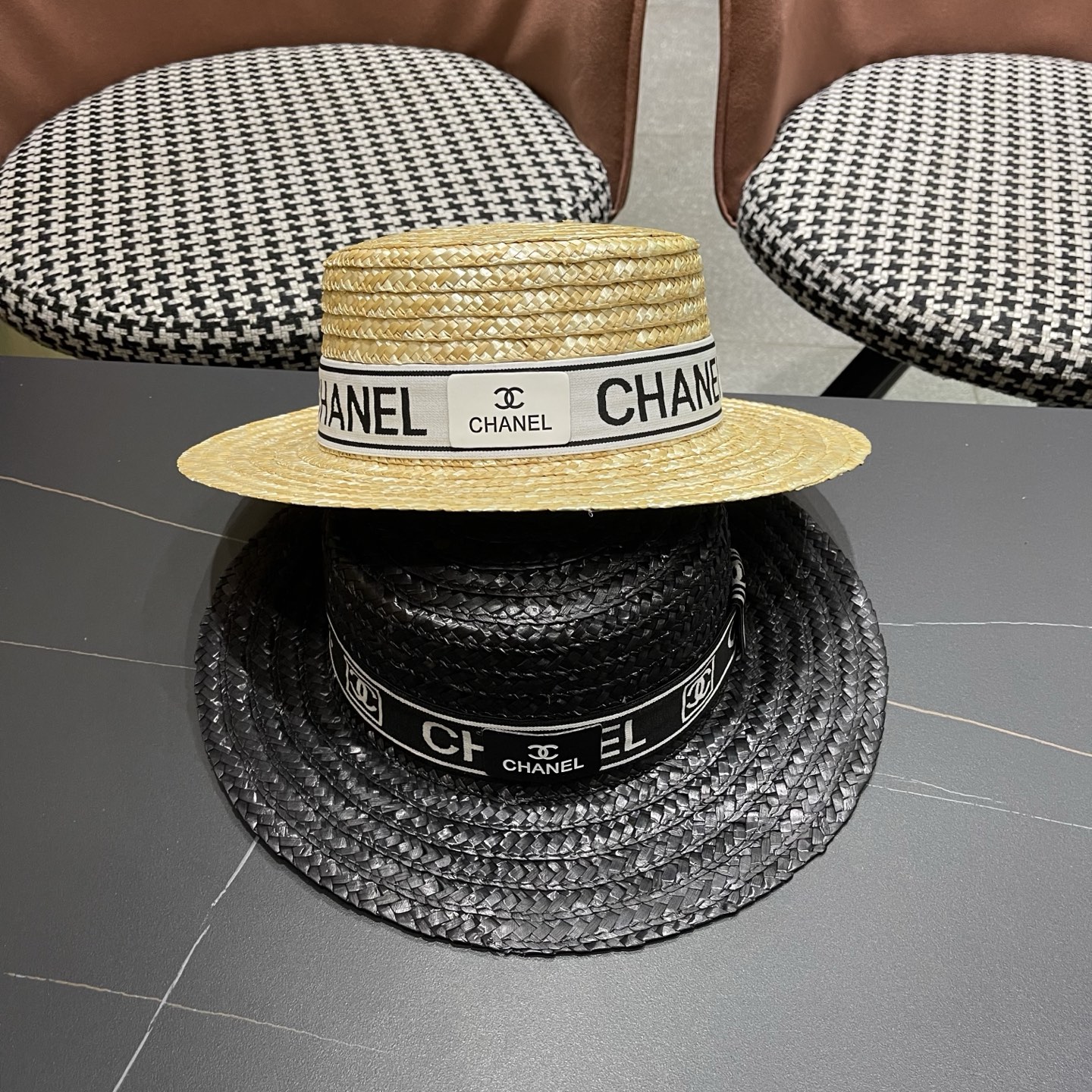Chanel香奈儿麦秆草平顶礼帽，头围57cm