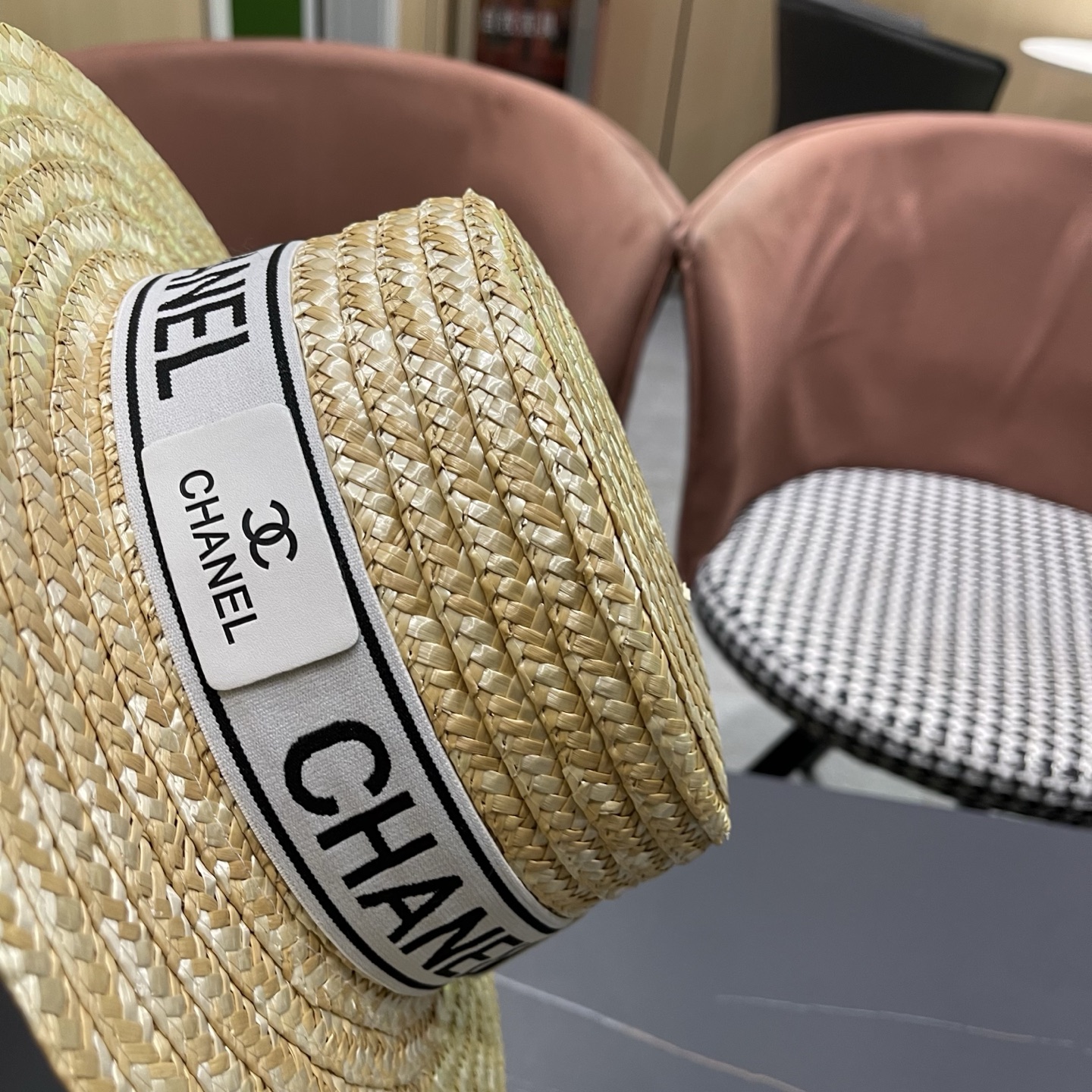 Chanel香奈儿麦秆草平顶礼帽，头围57cm