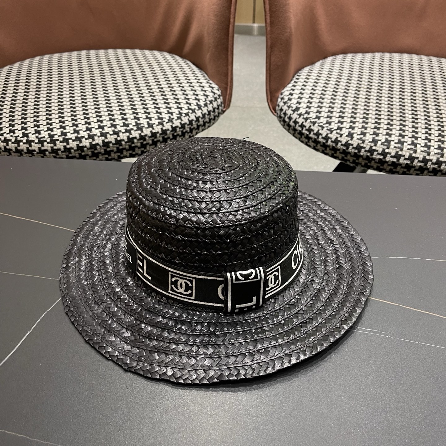 Chanel香奈儿麦秆草平顶礼帽，头围57cm