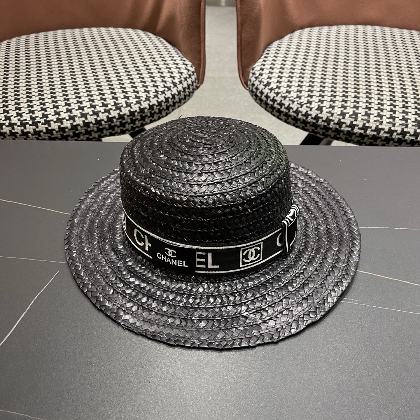 Chanel香奈儿麦秆草平顶礼帽，头围57cm