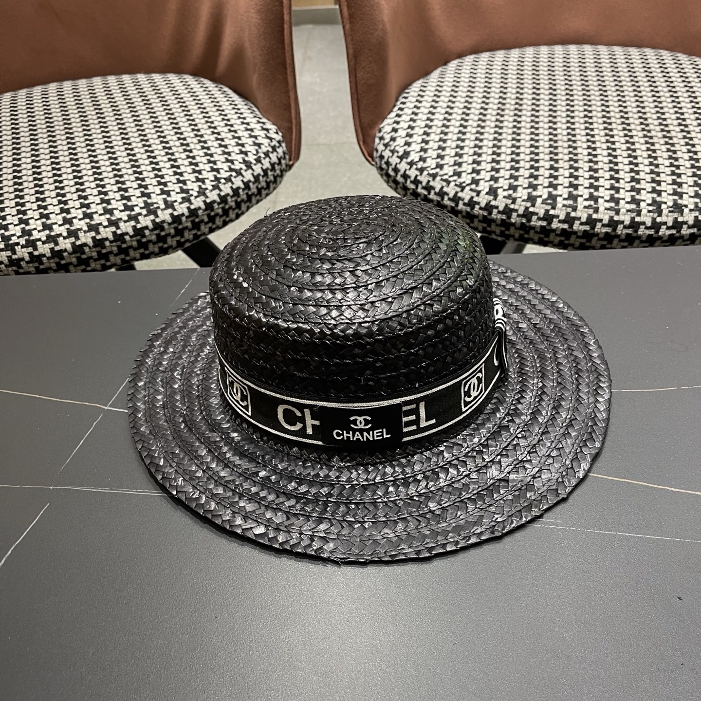 Chanel香奈儿麦秆草平顶礼帽，头围57cm