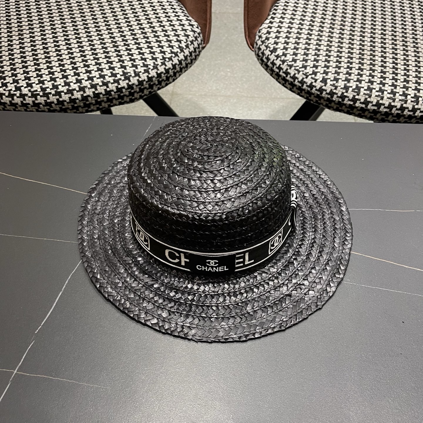 Chanel香奈儿麦秆草平顶礼帽，头围57cm