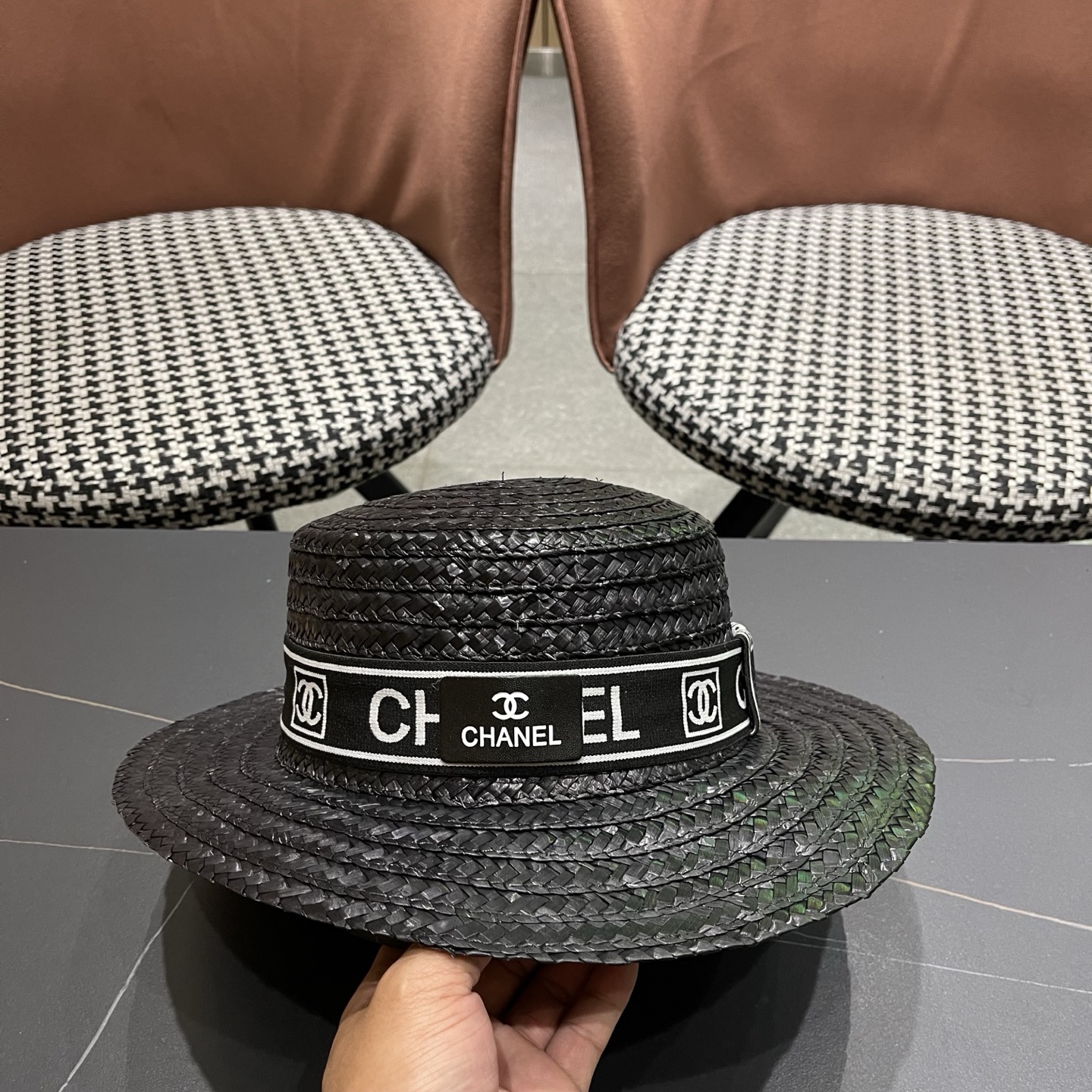 Chanel香奈儿麦秆草平顶礼帽，头围57cm