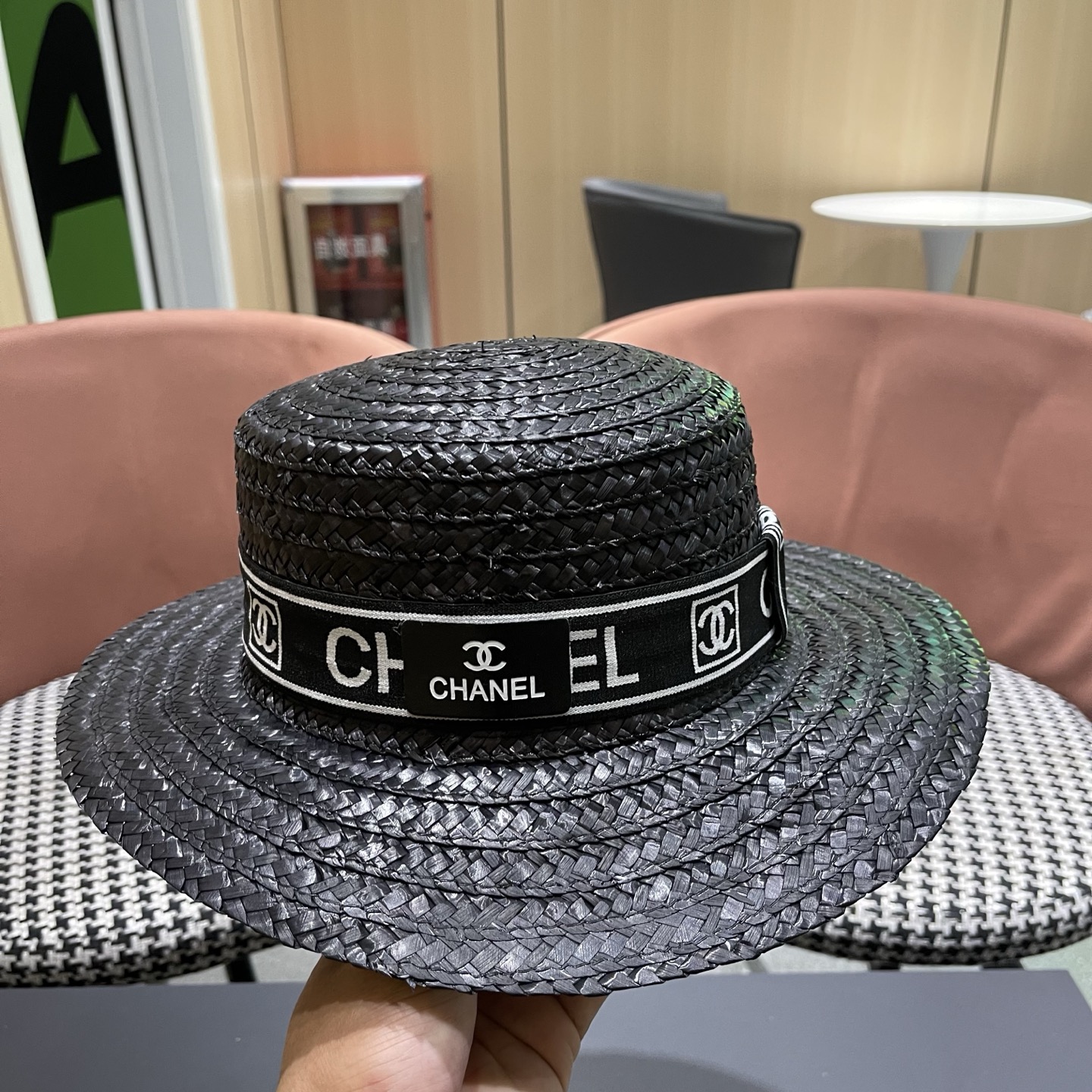 Chanel香奈儿麦秆草平顶礼帽，头围57cm