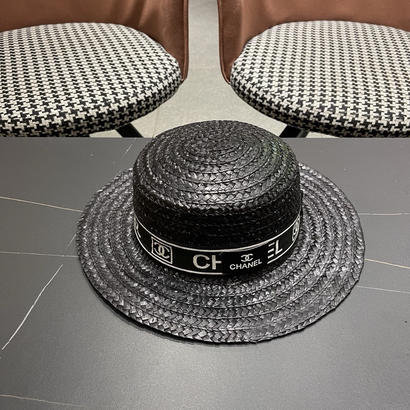 Chanel香奈儿麦秆草平顶礼帽，头围57cm
