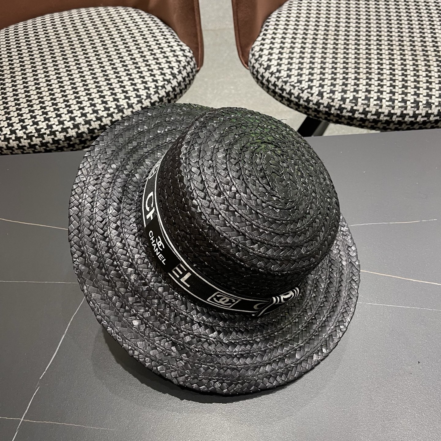 Chanel香奈儿麦秆草平顶礼帽，头围57cm