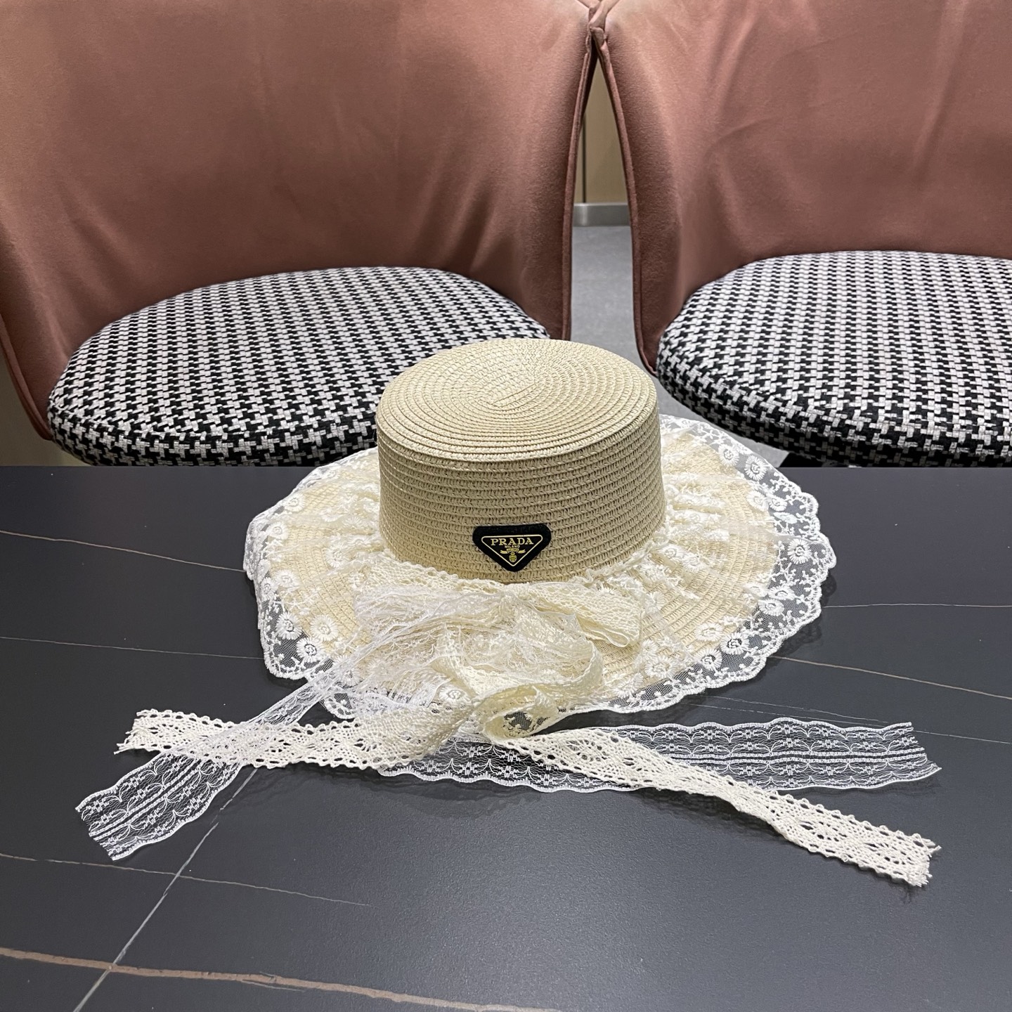 普拉达PRADA 风蕾丝甜美蝴蝶结多巴胺海边沙滩JK草帽洛丽塔Lolita 防晒帽子