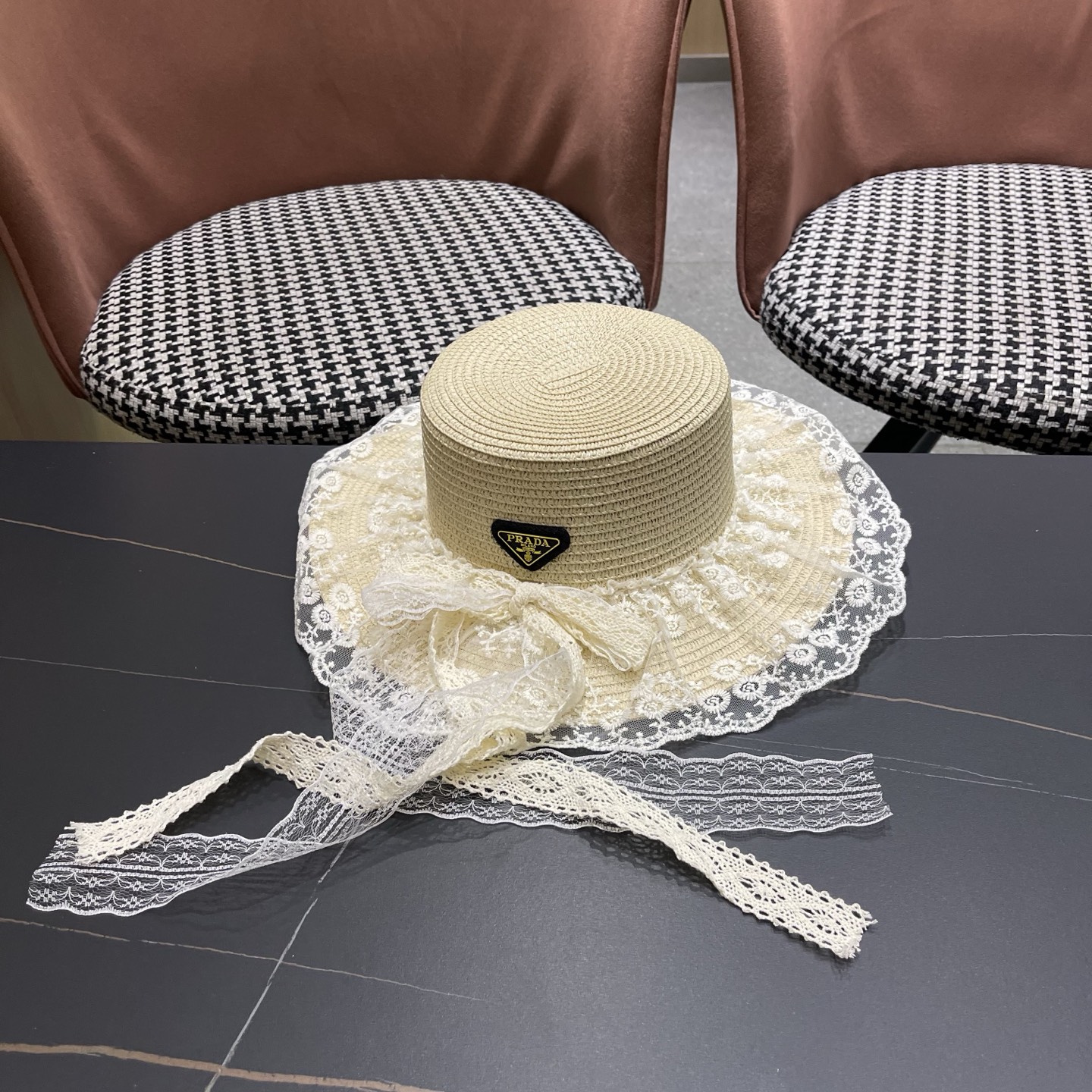 普拉达PRADA 风蕾丝甜美蝴蝶结多巴胺海边沙滩JK草帽洛丽塔Lolita 防晒帽子