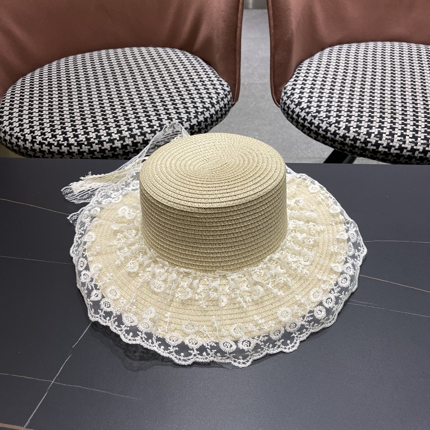 普拉达PRADA 风蕾丝甜美蝴蝶结多巴胺海边沙滩JK草帽洛丽塔Lolita 防晒帽子