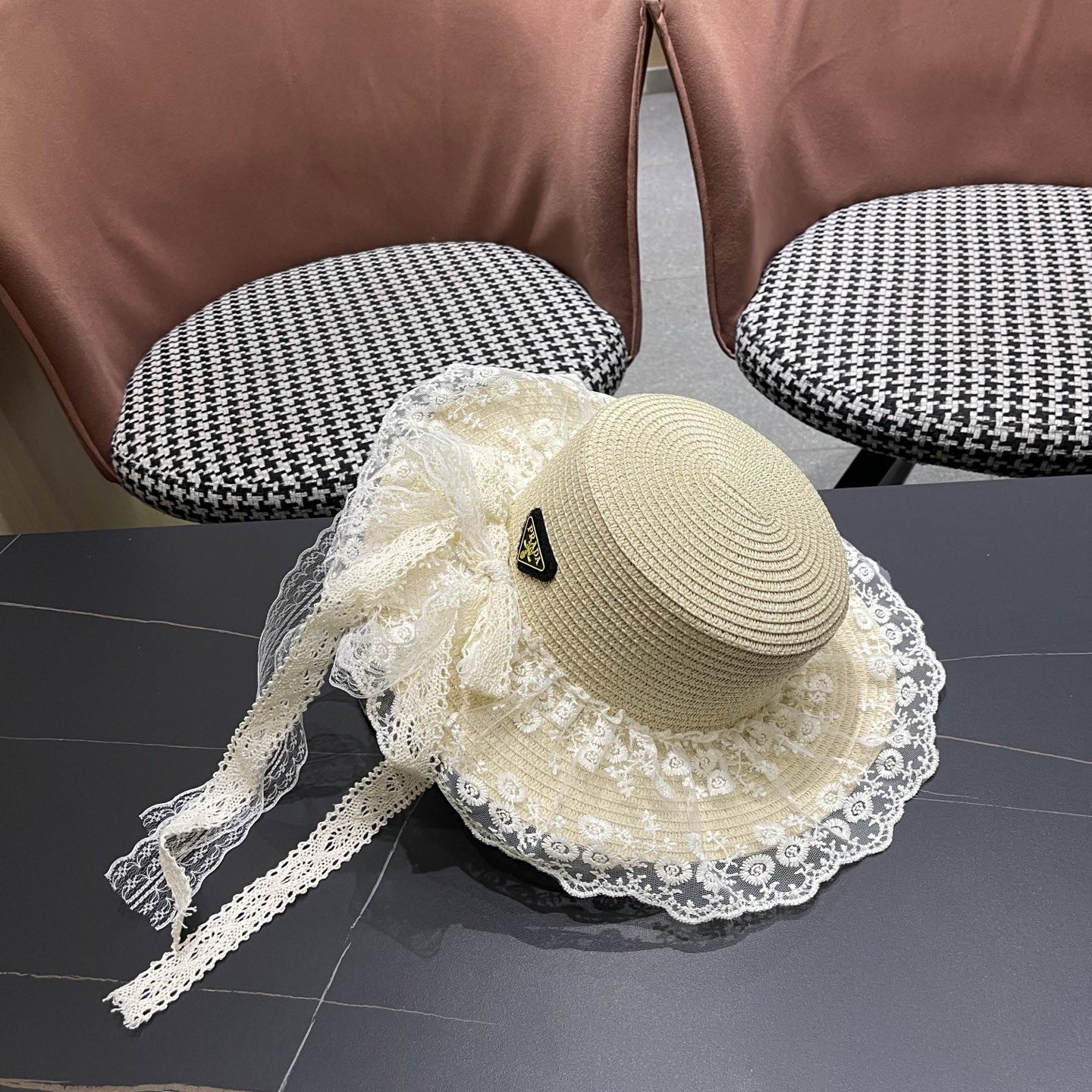 普拉达PRADA 风蕾丝甜美蝴蝶结多巴胺海边沙滩JK草帽洛丽塔Lolita 防晒帽子