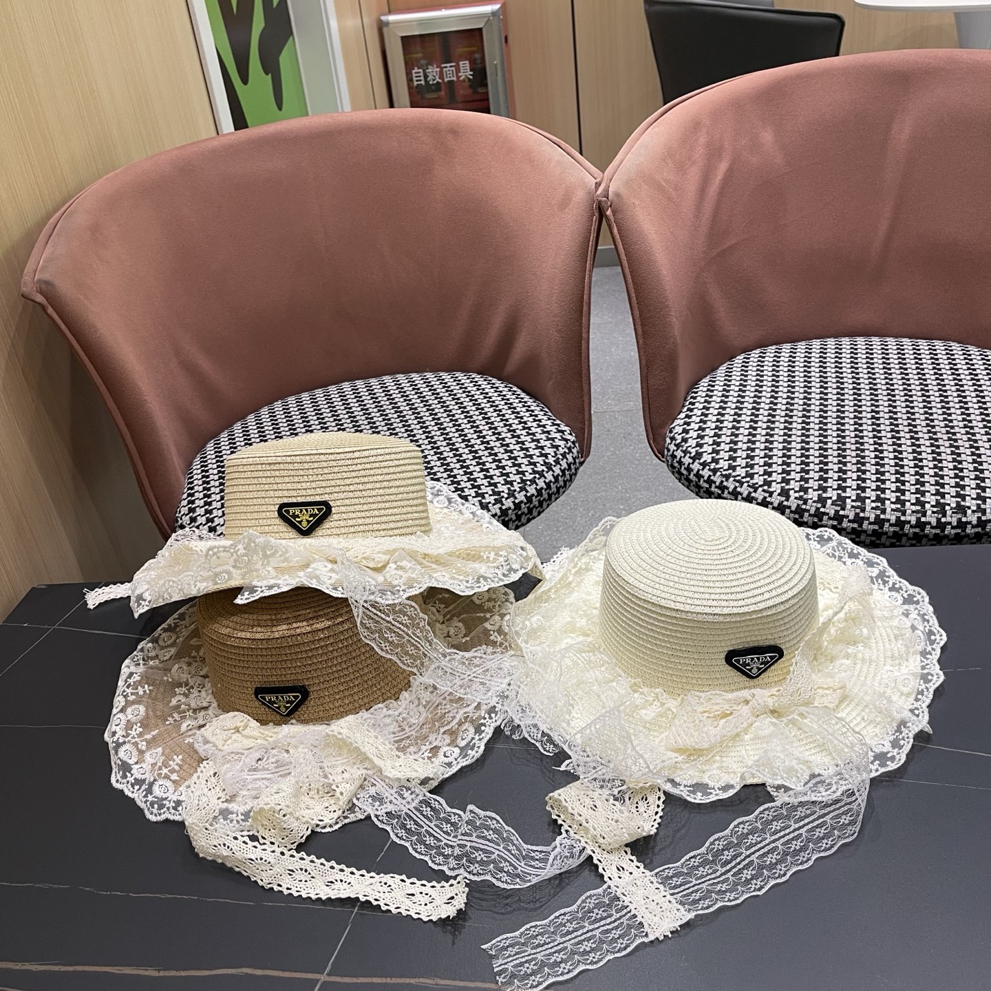 普拉达PRADA 风蕾丝甜美蝴蝶结多巴胺海边沙滩JK草帽洛丽塔Lolita 防晒帽子