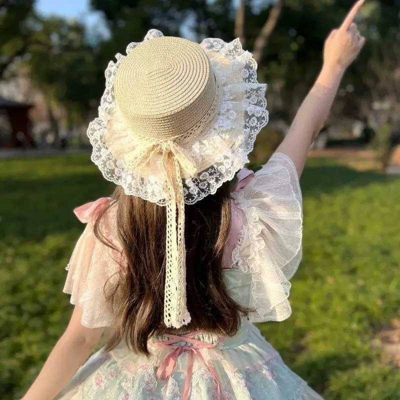 普拉达PRADA 风蕾丝甜美蝴蝶结多巴胺海边沙滩JK草帽洛丽塔Lolita 防晒帽子