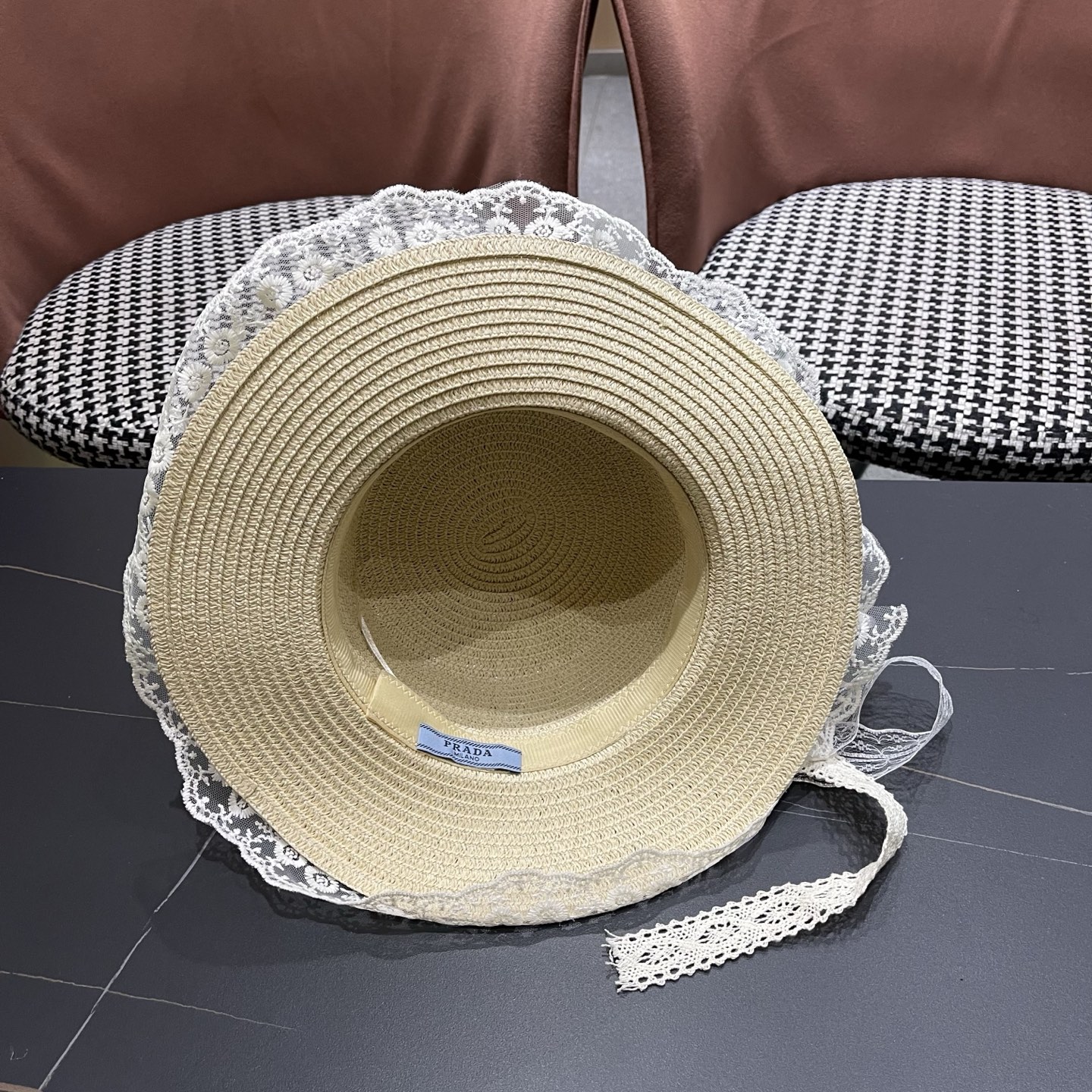 普拉达PRADA 风蕾丝甜美蝴蝶结多巴胺海边沙滩JK草帽洛丽塔Lolita 防晒帽子