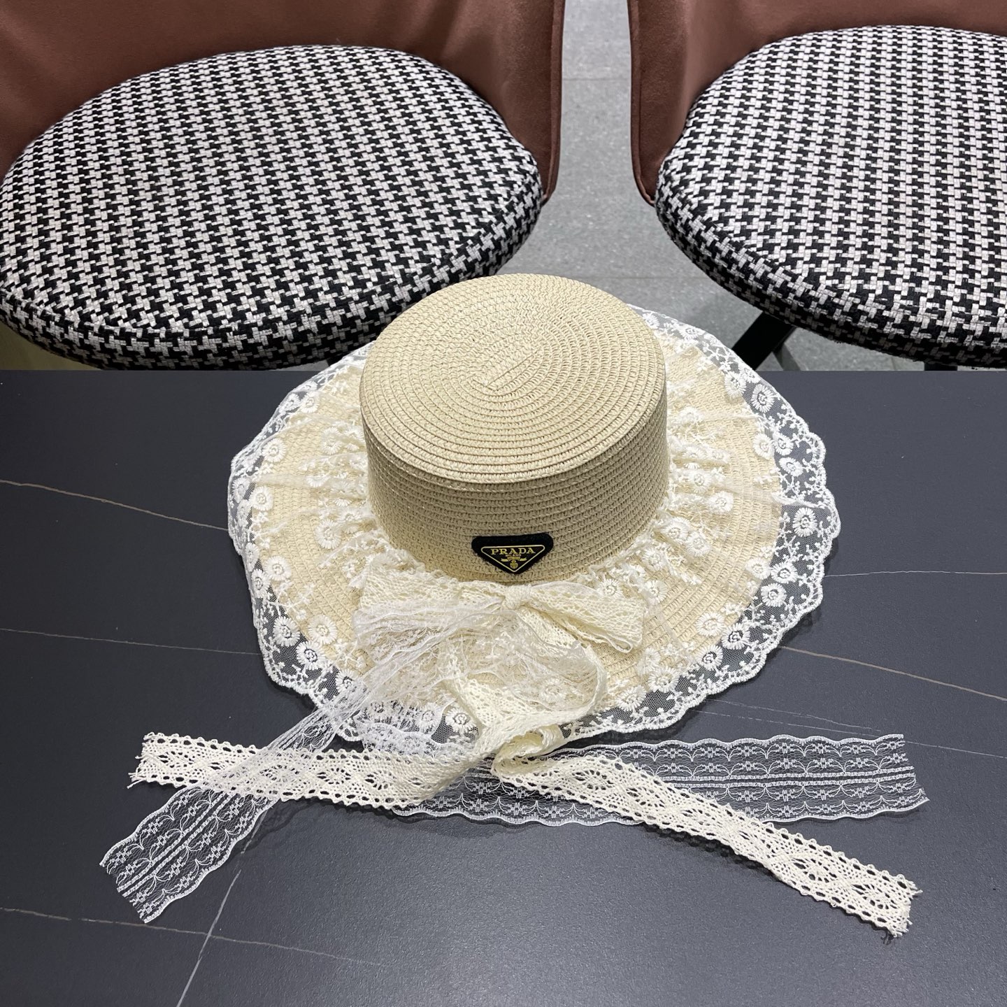 普拉达PRADA 风蕾丝甜美蝴蝶结多巴胺海边沙滩JK草帽洛丽塔Lolita 防晒帽子