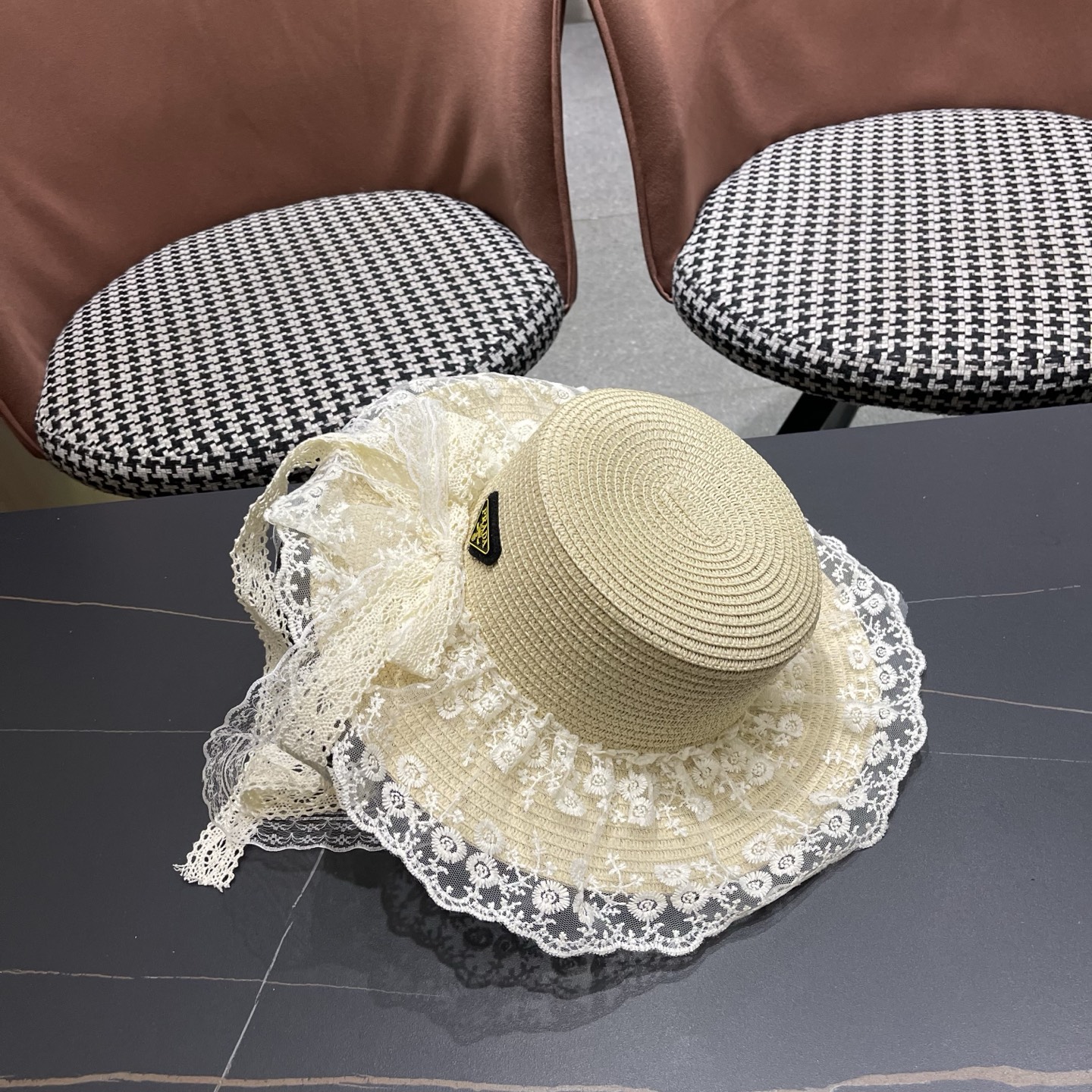 普拉达PRADA 风蕾丝甜美蝴蝶结多巴胺海边沙滩JK草帽洛丽塔Lolita 防晒帽子