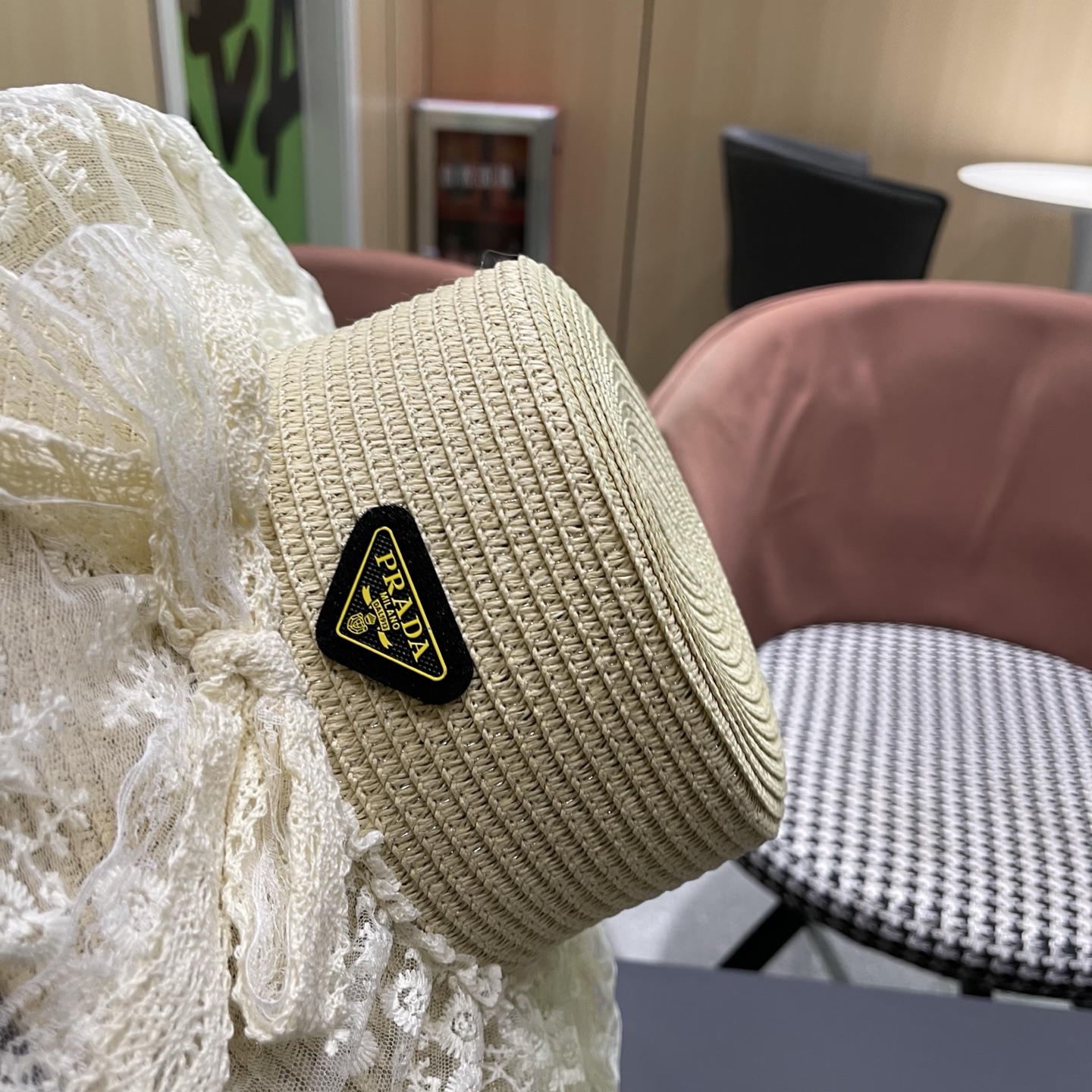 普拉达PRADA 风蕾丝甜美蝴蝶结多巴胺海边沙滩JK草帽洛丽塔Lolita 防晒帽子