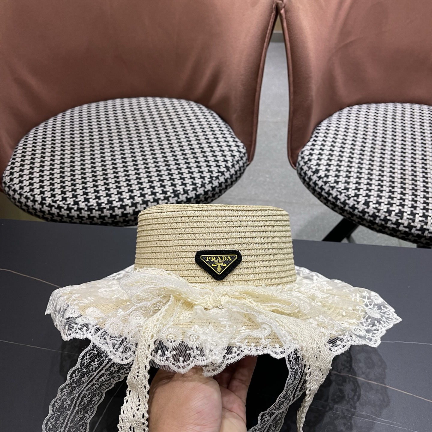 普拉达PRADA 风蕾丝甜美蝴蝶结多巴胺海边沙滩JK草帽洛丽塔Lolita 防晒帽子