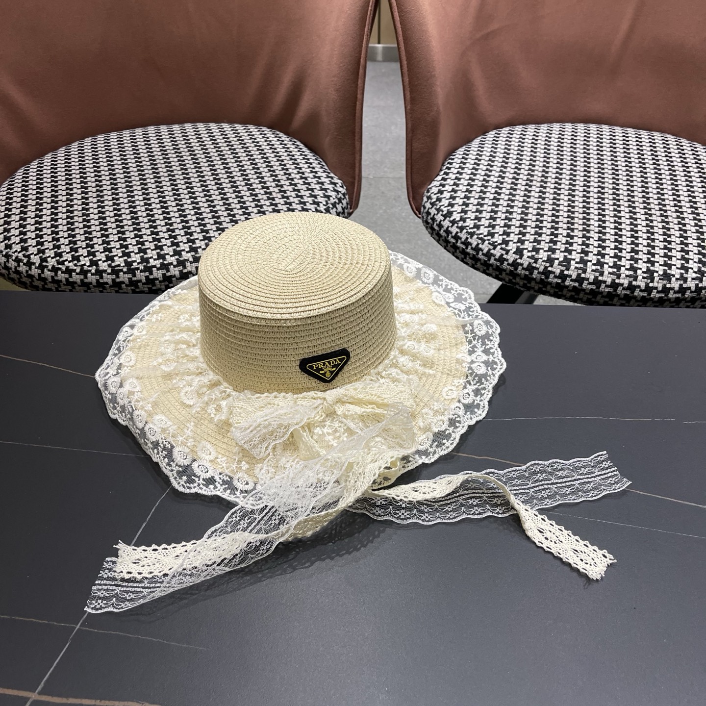 普拉达PRADA 风蕾丝甜美蝴蝶结多巴胺海边沙滩JK草帽洛丽塔Lolita 防晒帽子