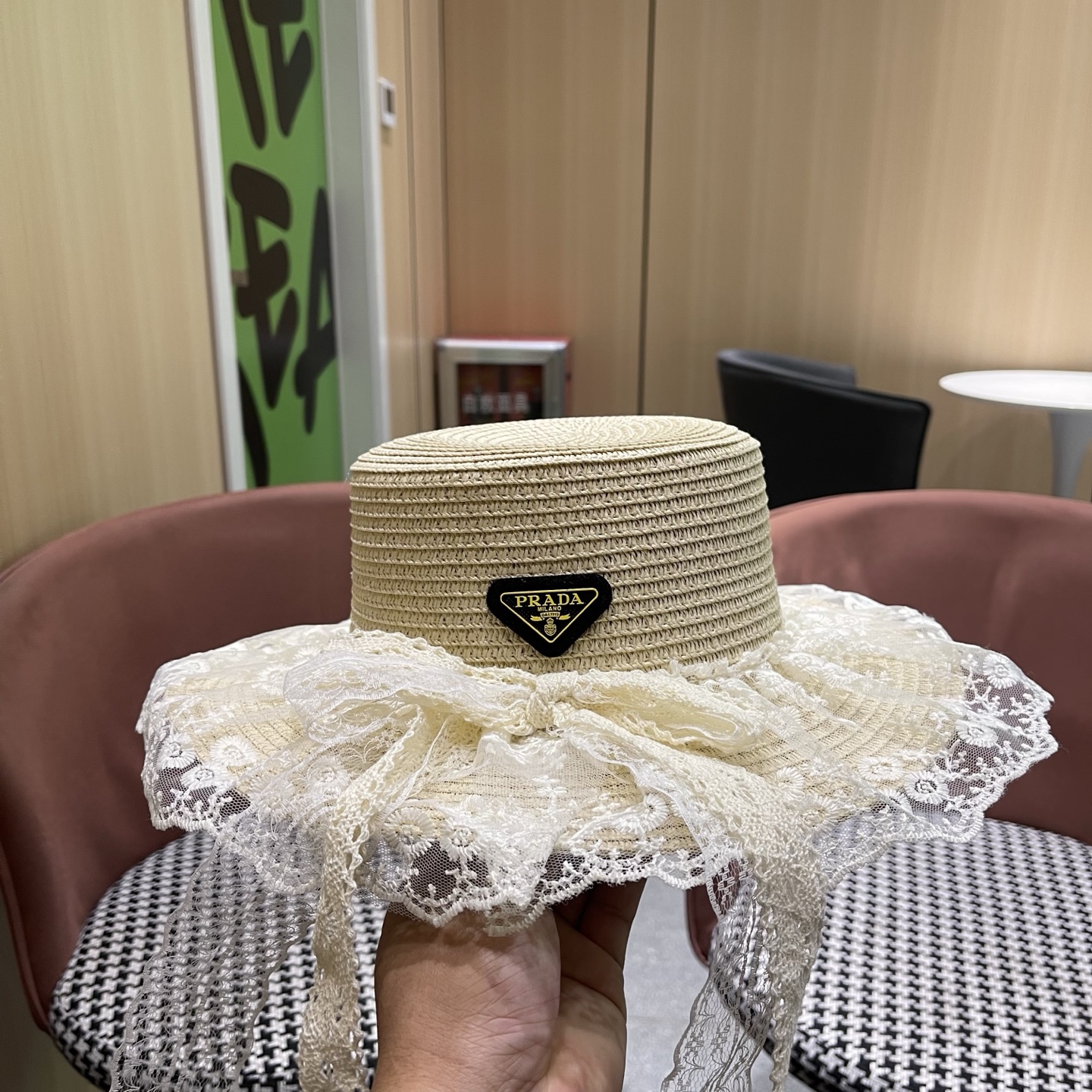 普拉达PRADA 风蕾丝甜美蝴蝶结多巴胺海边沙滩JK草帽洛丽塔Lolita 防晒帽子