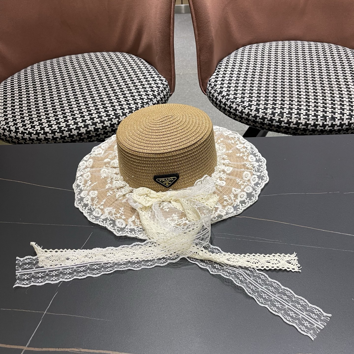 普拉达PRADA 风蕾丝甜美蝴蝶结多巴胺海边沙滩JK草帽洛丽塔Lolita 防晒帽子