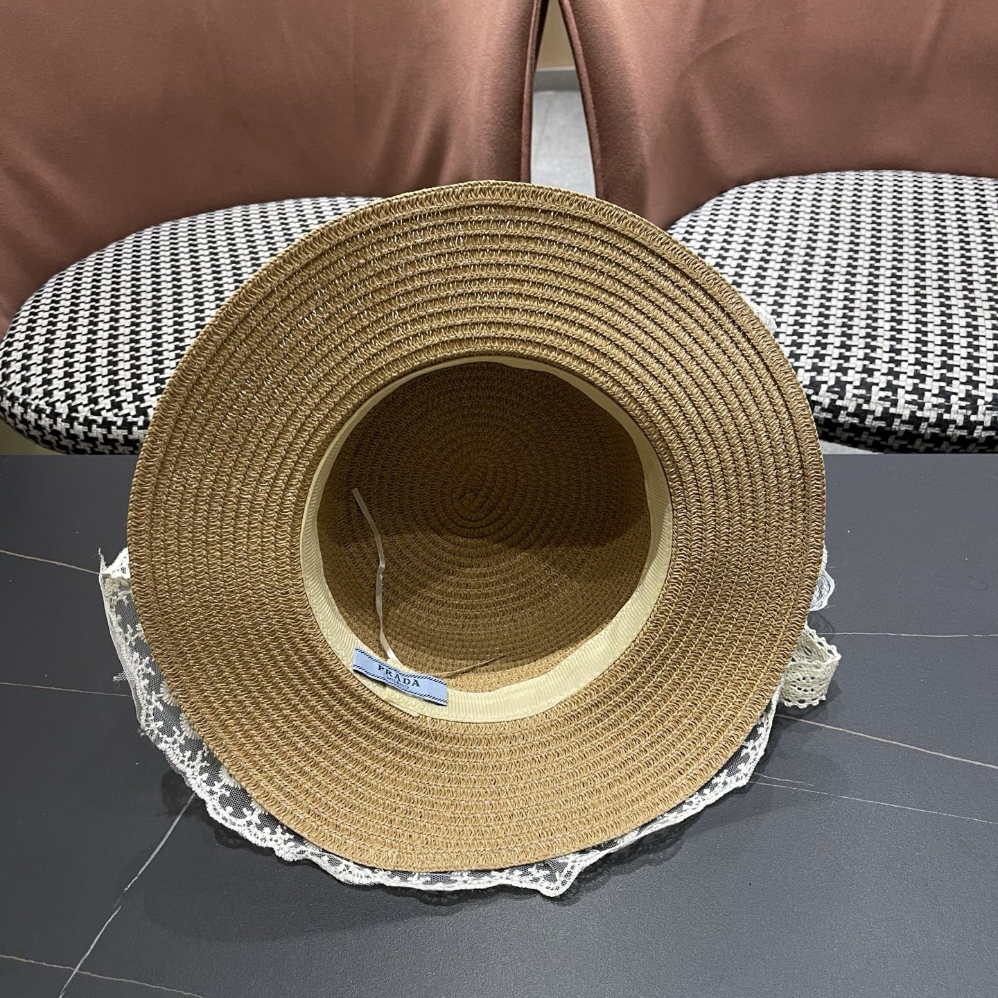 普拉达PRADA 风蕾丝甜美蝴蝶结多巴胺海边沙滩JK草帽洛丽塔Lolita 防晒帽子