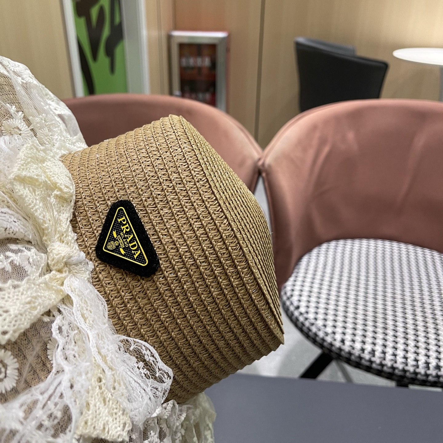 普拉达PRADA 风蕾丝甜美蝴蝶结多巴胺海边沙滩JK草帽洛丽塔Lolita 防晒帽子