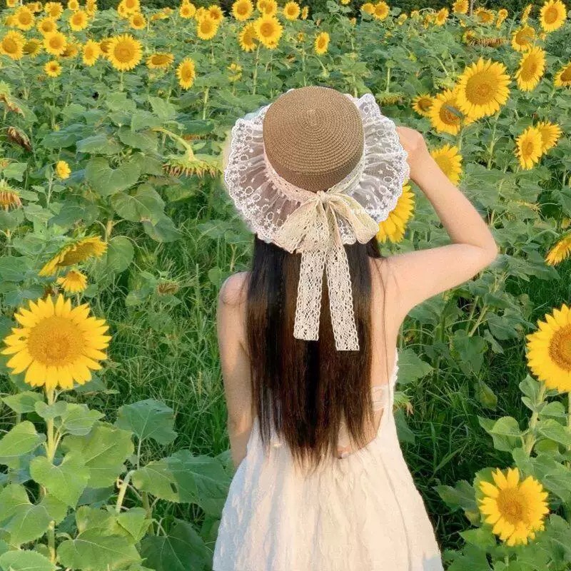 普拉达PRADA 风蕾丝甜美蝴蝶结多巴胺海边沙滩JK草帽洛丽塔Lolita 防晒帽子