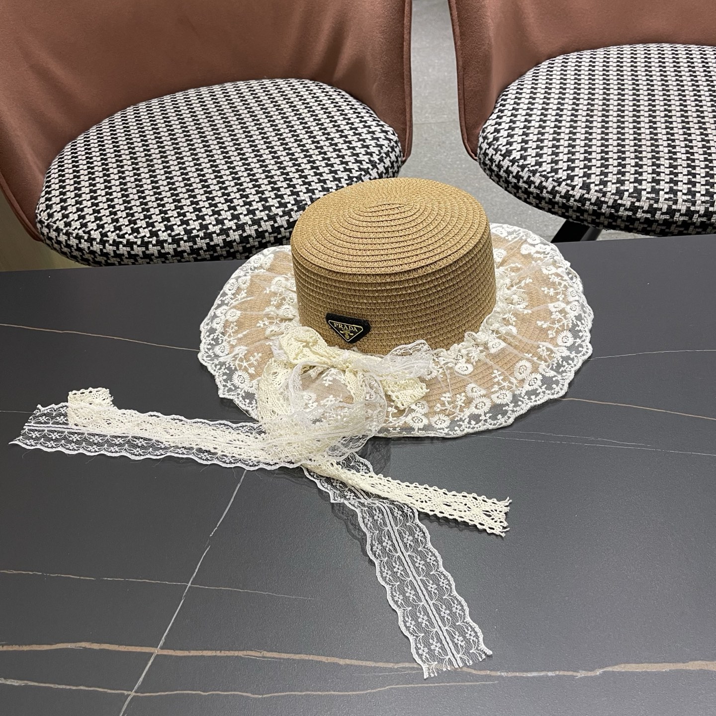 普拉达PRADA 风蕾丝甜美蝴蝶结多巴胺海边沙滩JK草帽洛丽塔Lolita 防晒帽子