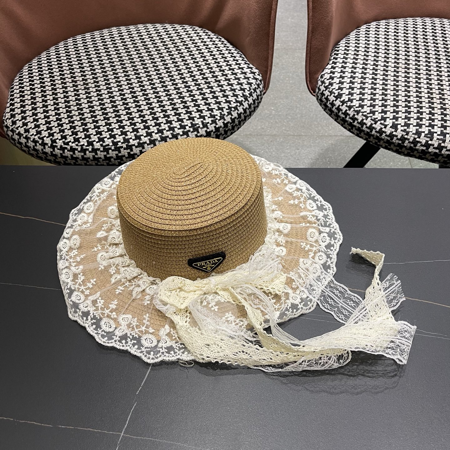 普拉达PRADA 风蕾丝甜美蝴蝶结多巴胺海边沙滩JK草帽洛丽塔Lolita 防晒帽子