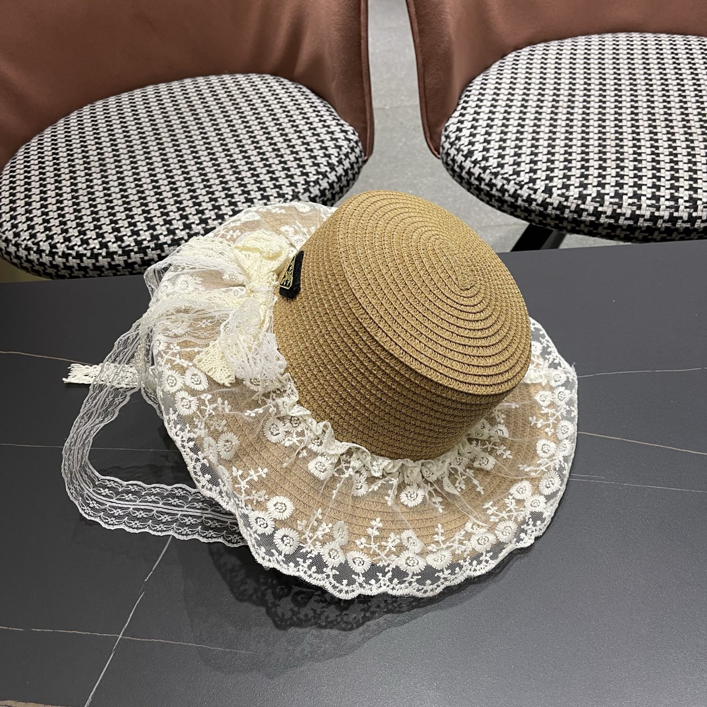 普拉达PRADA 风蕾丝甜美蝴蝶结多巴胺海边沙滩JK草帽洛丽塔Lolita 防晒帽子