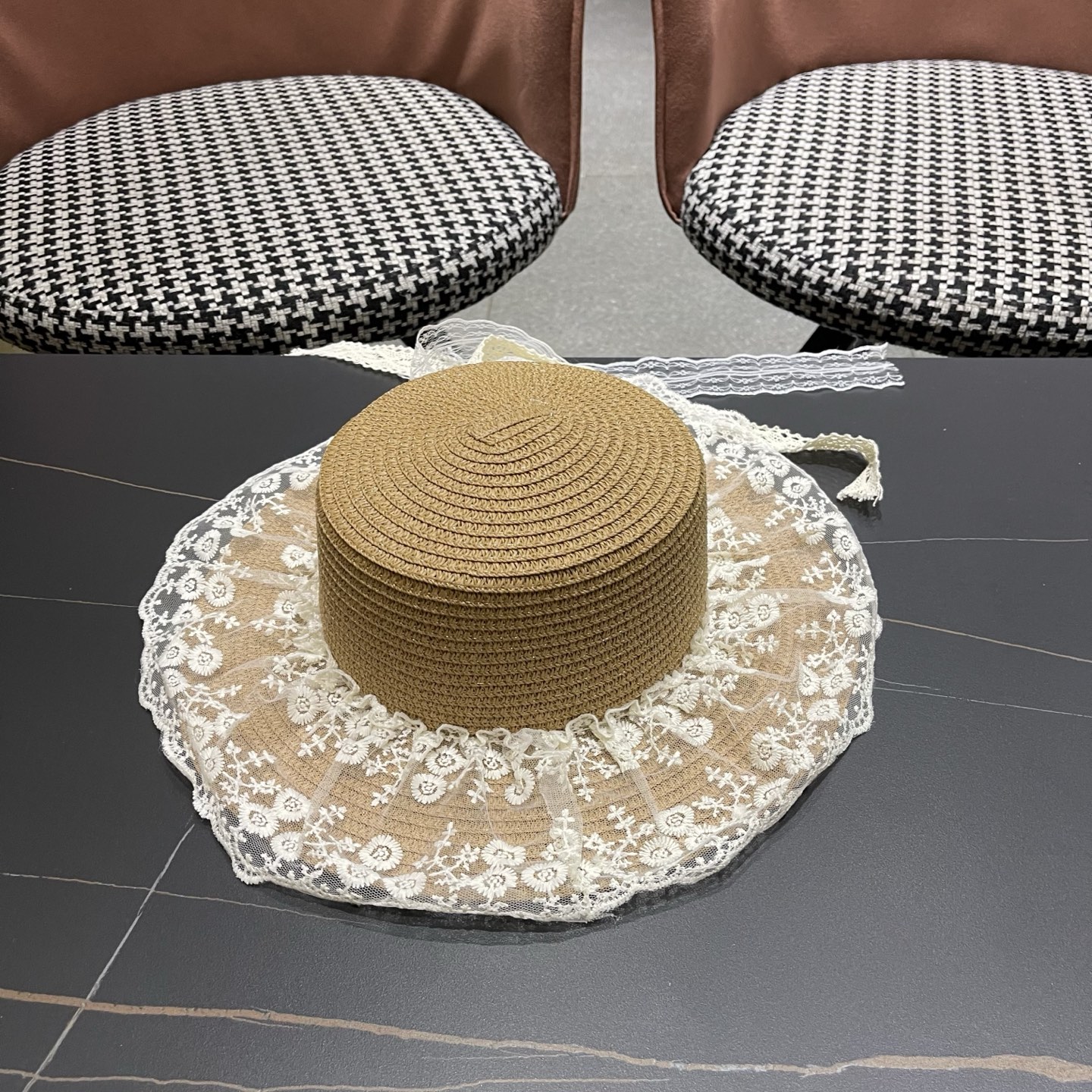 普拉达PRADA 风蕾丝甜美蝴蝶结多巴胺海边沙滩JK草帽洛丽塔Lolita 防晒帽子