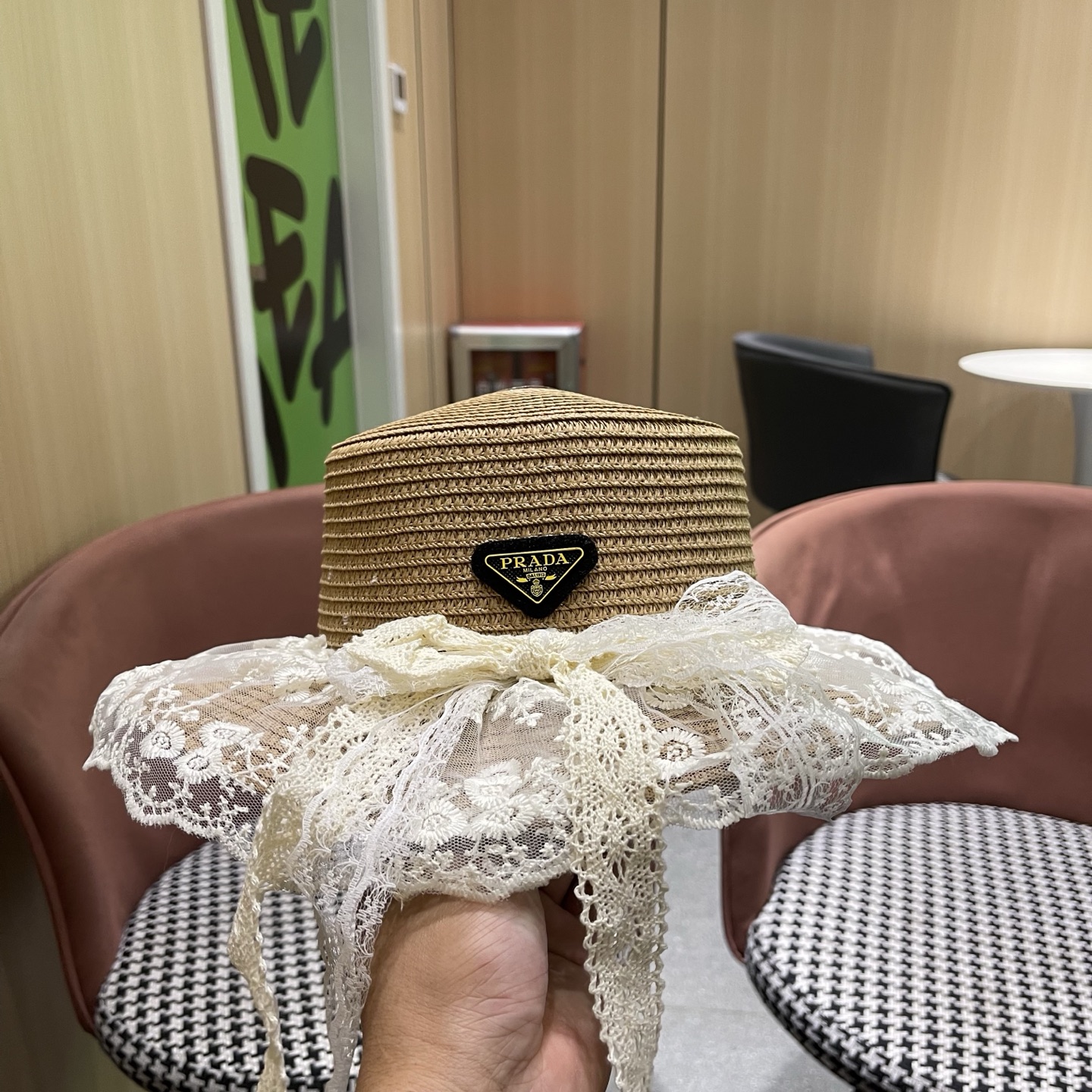 普拉达PRADA 风蕾丝甜美蝴蝶结多巴胺海边沙滩JK草帽洛丽塔Lolita 防晒帽子