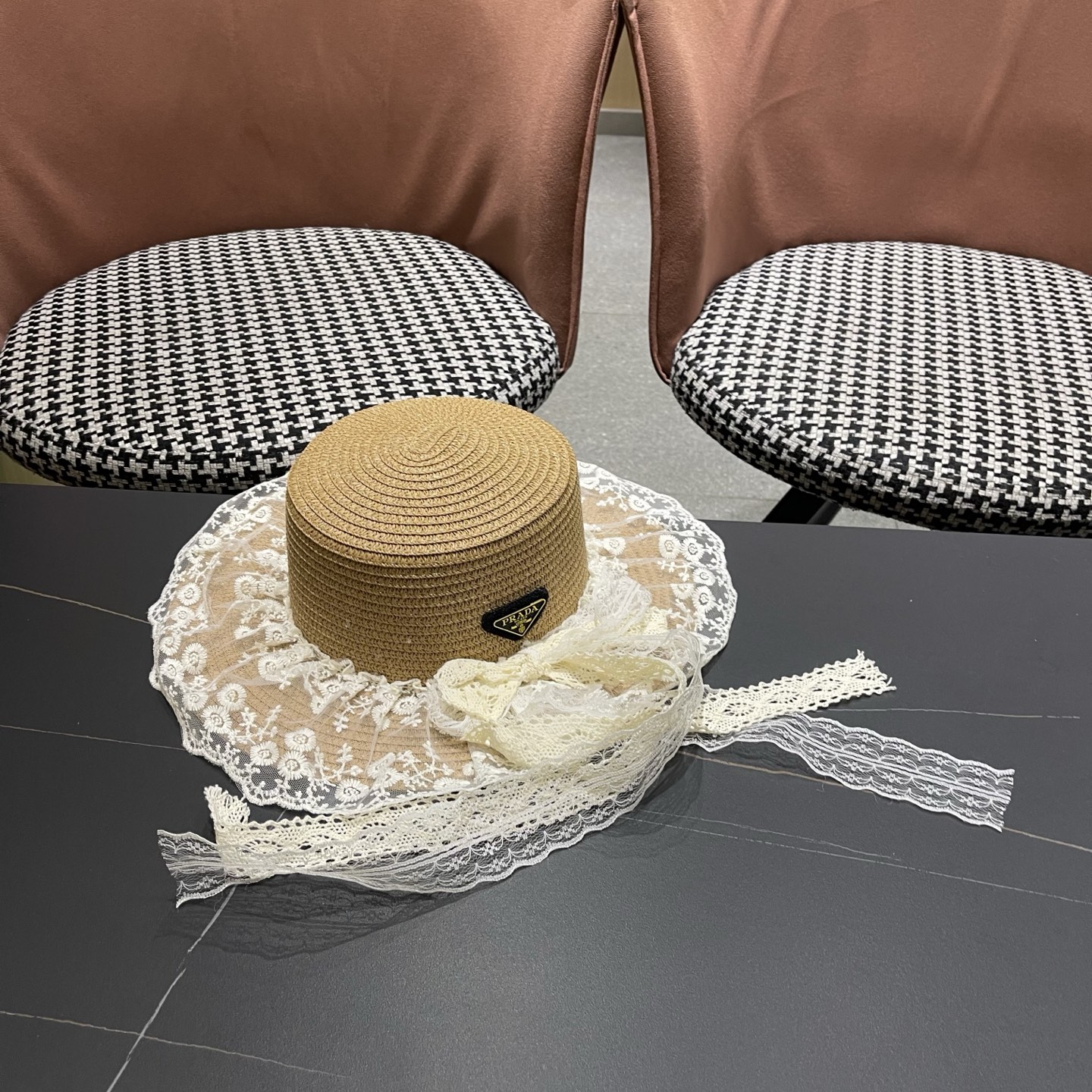 普拉达PRADA 风蕾丝甜美蝴蝶结多巴胺海边沙滩JK草帽洛丽塔Lolita 防晒帽子