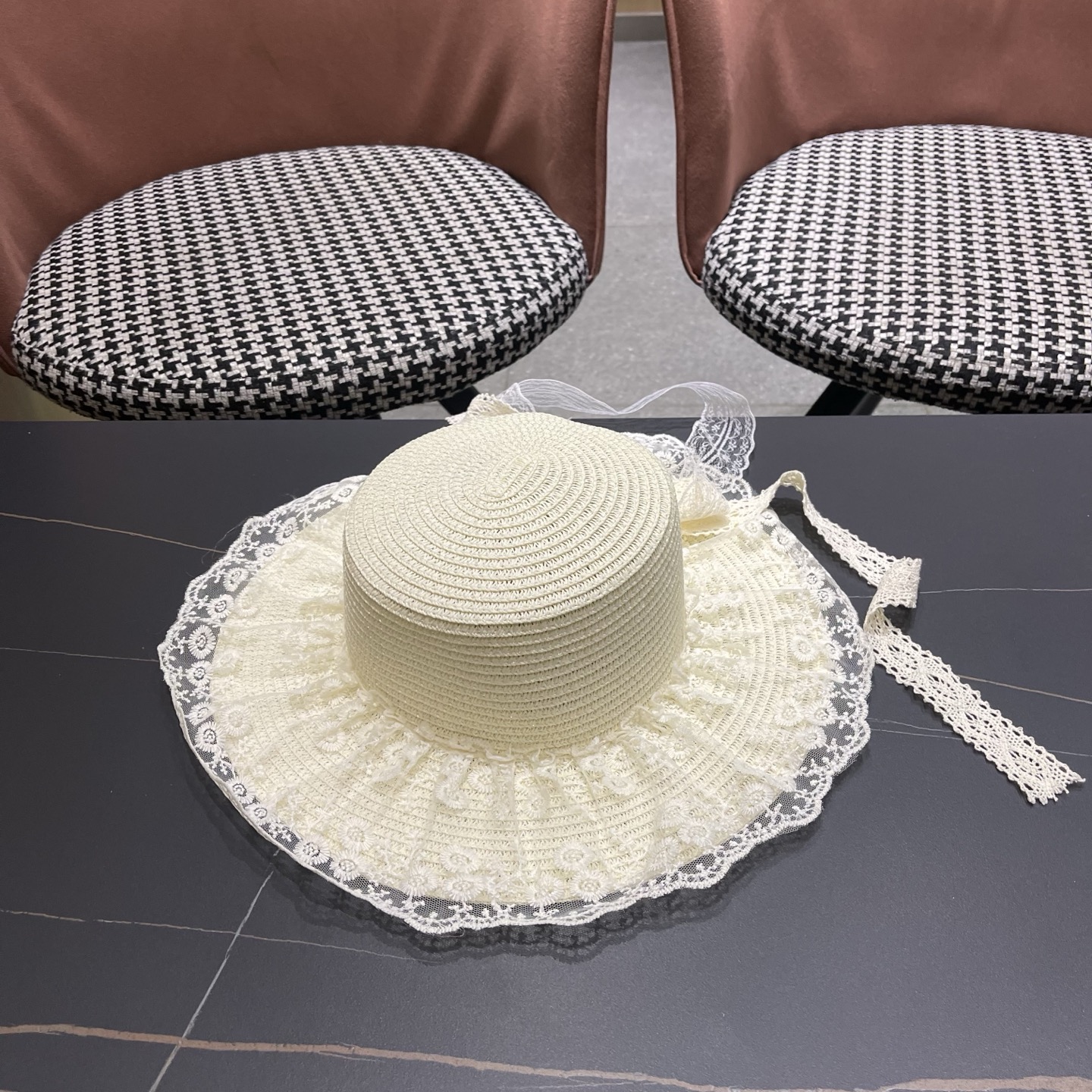 普拉达PRADA 风蕾丝甜美蝴蝶结多巴胺海边沙滩JK草帽洛丽塔Lolita 防晒帽子