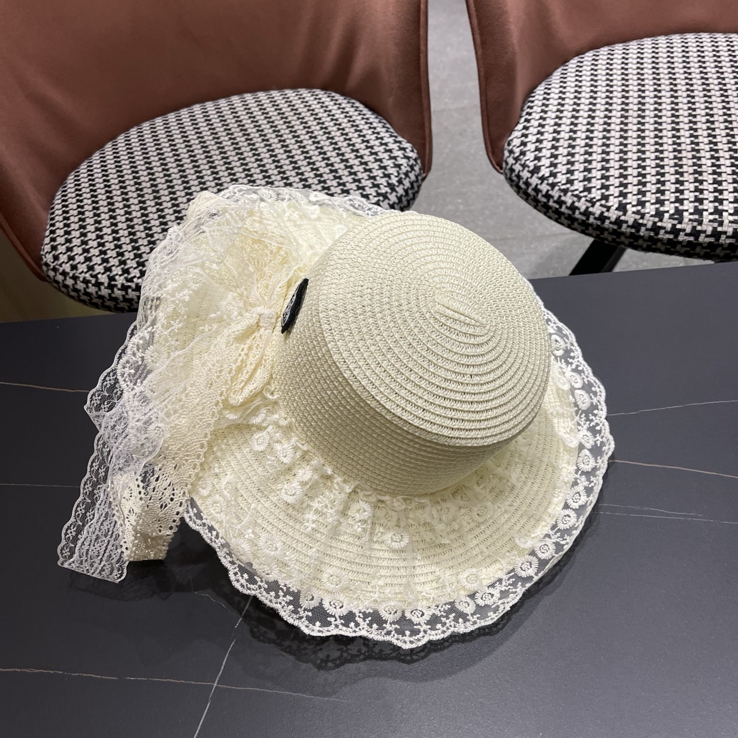 普拉达PRADA 风蕾丝甜美蝴蝶结多巴胺海边沙滩JK草帽洛丽塔Lolita 防晒帽子