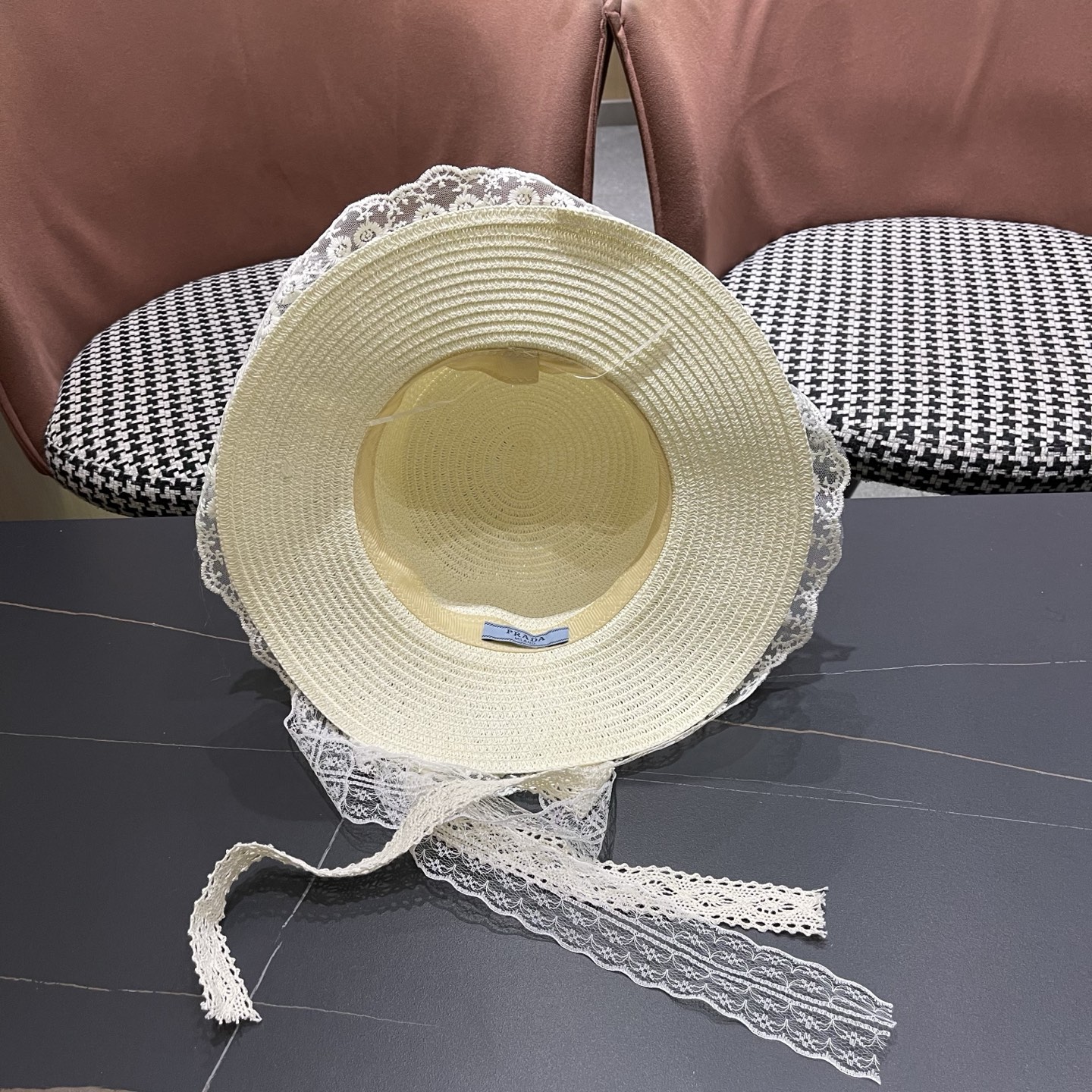 普拉达PRADA 风蕾丝甜美蝴蝶结多巴胺海边沙滩JK草帽洛丽塔Lolita 防晒帽子