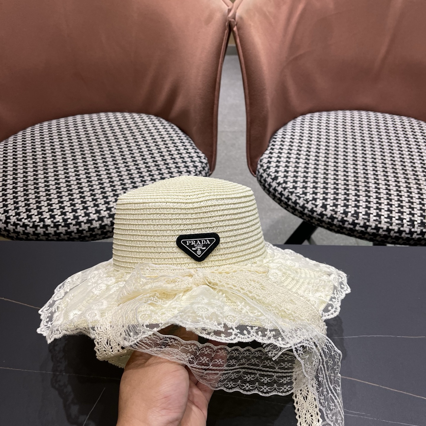 普拉达PRADA 风蕾丝甜美蝴蝶结多巴胺海边沙滩JK草帽洛丽塔Lolita 防晒帽子