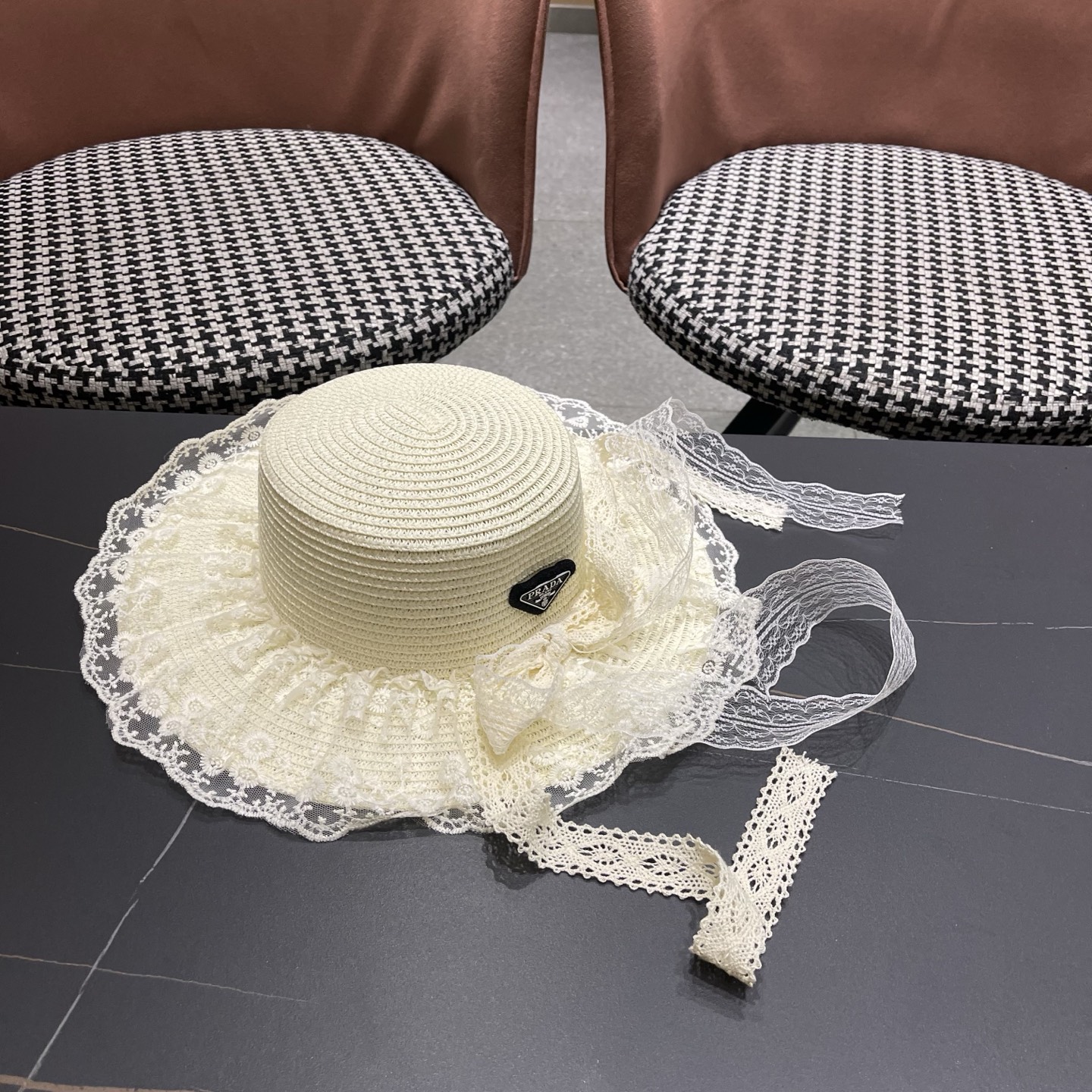 普拉达PRADA 风蕾丝甜美蝴蝶结多巴胺海边沙滩JK草帽洛丽塔Lolita 防晒帽子