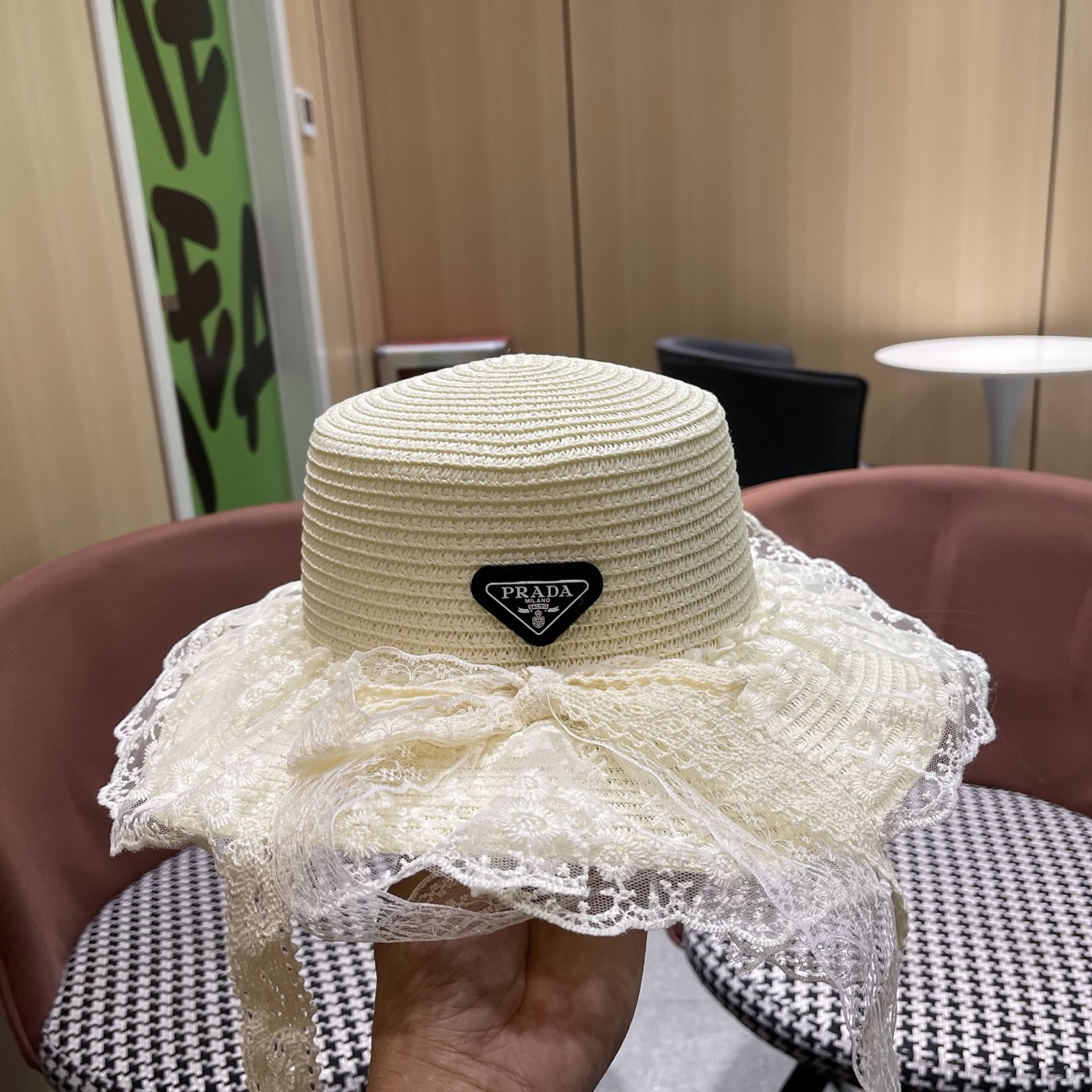 普拉达PRADA 风蕾丝甜美蝴蝶结多巴胺海边沙滩JK草帽洛丽塔Lolita 防晒帽子