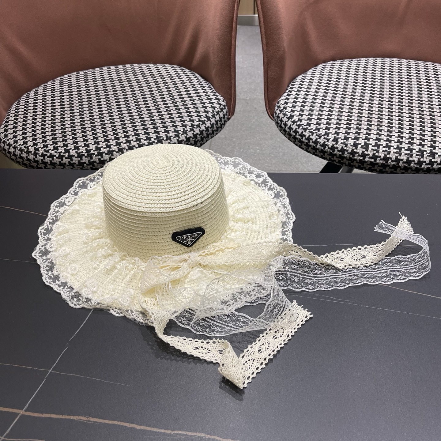 普拉达PRADA 风蕾丝甜美蝴蝶结多巴胺海边沙滩JK草帽洛丽塔Lolita 防晒帽子