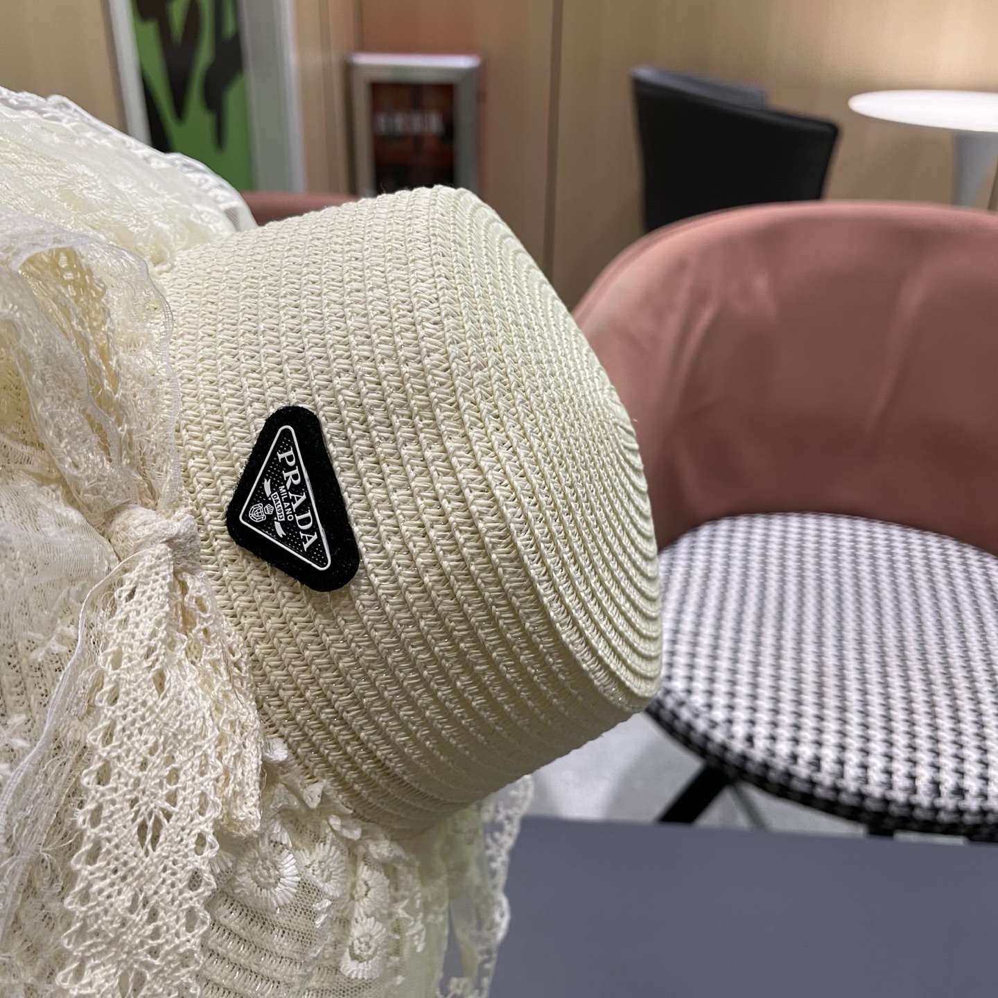 普拉达PRADA 风蕾丝甜美蝴蝶结多巴胺海边沙滩JK草帽洛丽塔Lolita 防晒帽子