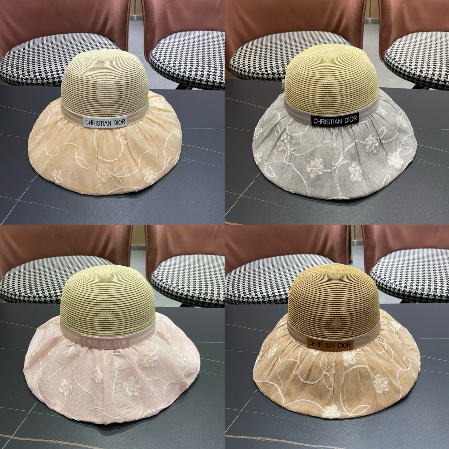 Dior迪奥 优雅草编蝴蝶结遮阳帽女夏季大檐刺绣防晒显脸小度假出游拼接帽子